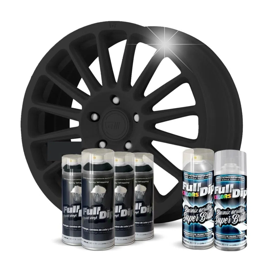 AutoFullCar - Pack Llantas Coche - Negro Extra Brillo - 4 Sprays Negros 2 Sprays Acabado Brillo - Vinilo Líquido Full Dip - 400 ml. Unidad - Wrapping