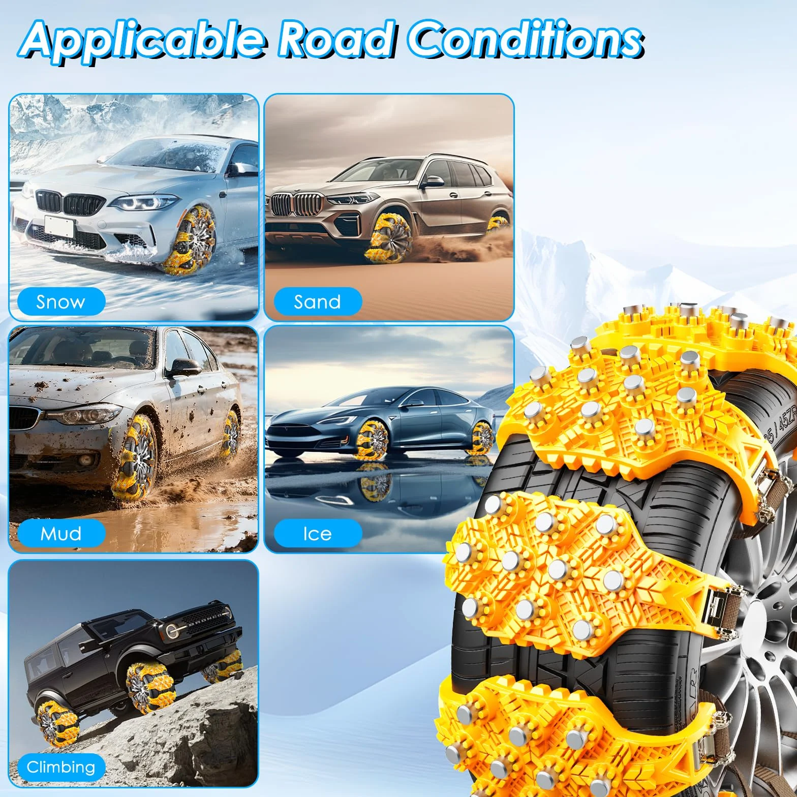 Cadenas para Nieve para Coche Ninonly 8Pcs Cadenas de Nieve Universale de Emergencia Ajustables para Vehículos Coche Camioneta SUV Adecuadas para Neumáticos Ancho 165mm - 245mm
