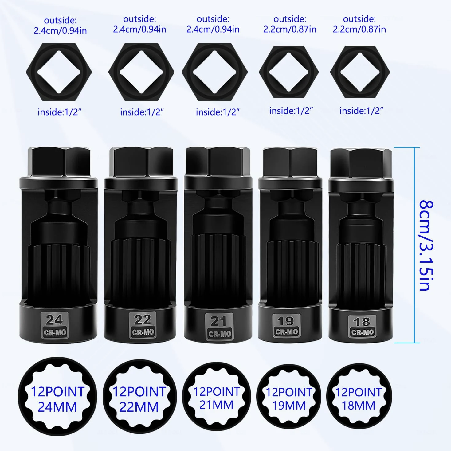 ZKTOOL 5 Piezas Juego de Tuercas de Puntal de Suspensión, 18MM 19MM 21MM 22MM 24MM, Juego de Tuercas de Enchufe de Suspensión, Herramienta de Extracción de Tuerca de Pistón de Amortiguador