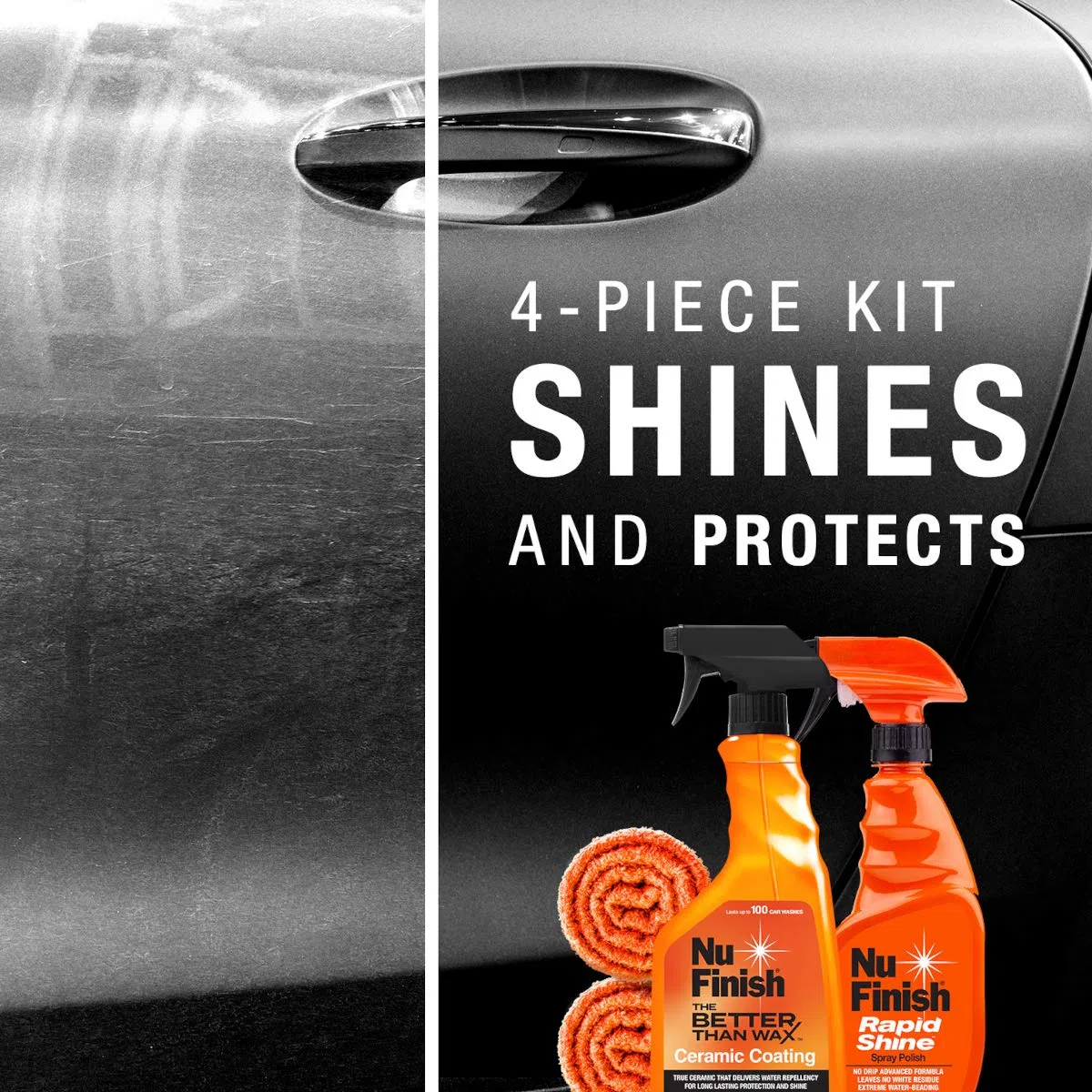 Nu Finish Kit protector de abrigo, juego de 4 protectores de coche que protege y restaura el brillo del coche, incluye revestimiento de cerámica, brillo rápido y 2 toallas de microfibra