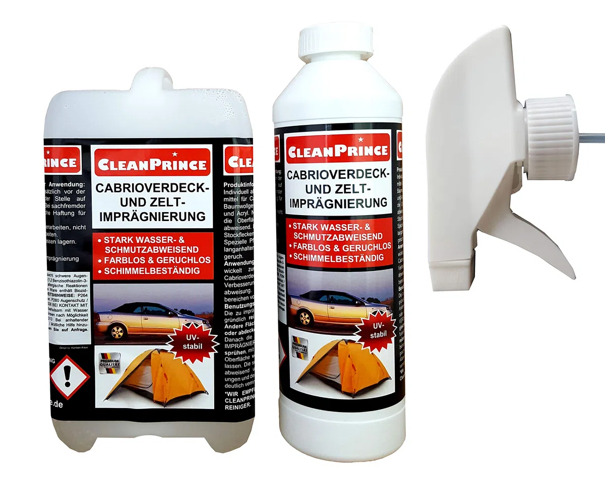 Cleanprince 2500ML Cabrioverdeck- y Zelt-Imprägnierspray 2,5 Litros Cabrio Cabriolet Cabrioimprägnierung Cabrioletimprägnierung Convertible Impermeable Superior Auto Tejido Nylo Tienda Tela