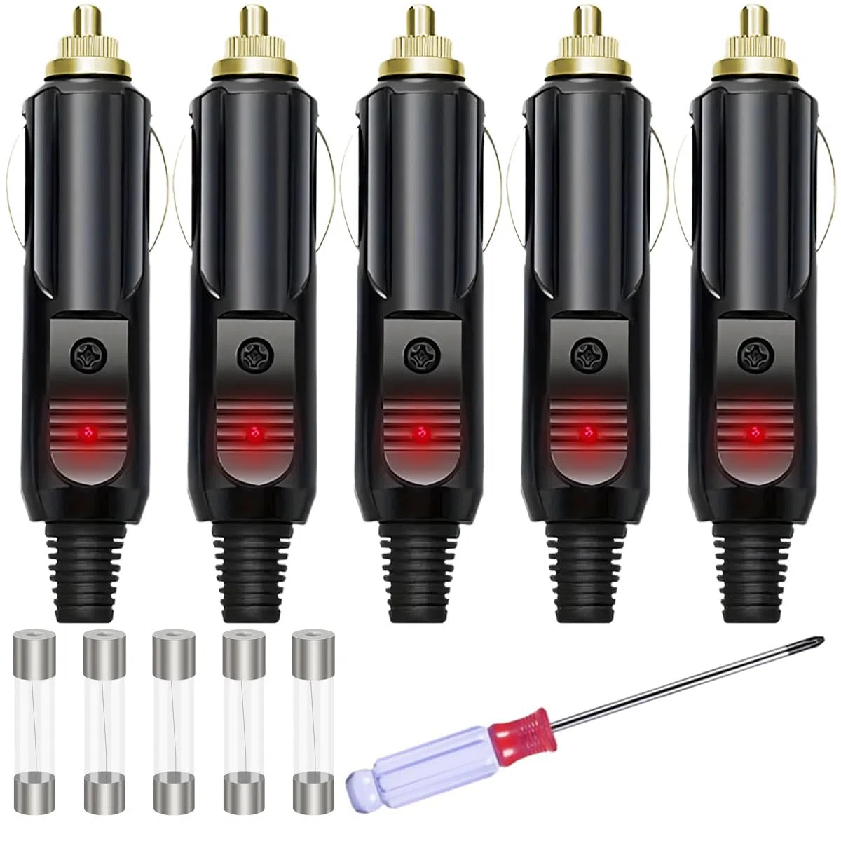 Xiatiaosann 5 piezas 12V/24V 20A Enchufe macho para encendedor de cigarrillos Enchufe auxiliar con luz LED roja Conector de reemplazo para motocicleta/coche con 5 piezas fusible, destornillador