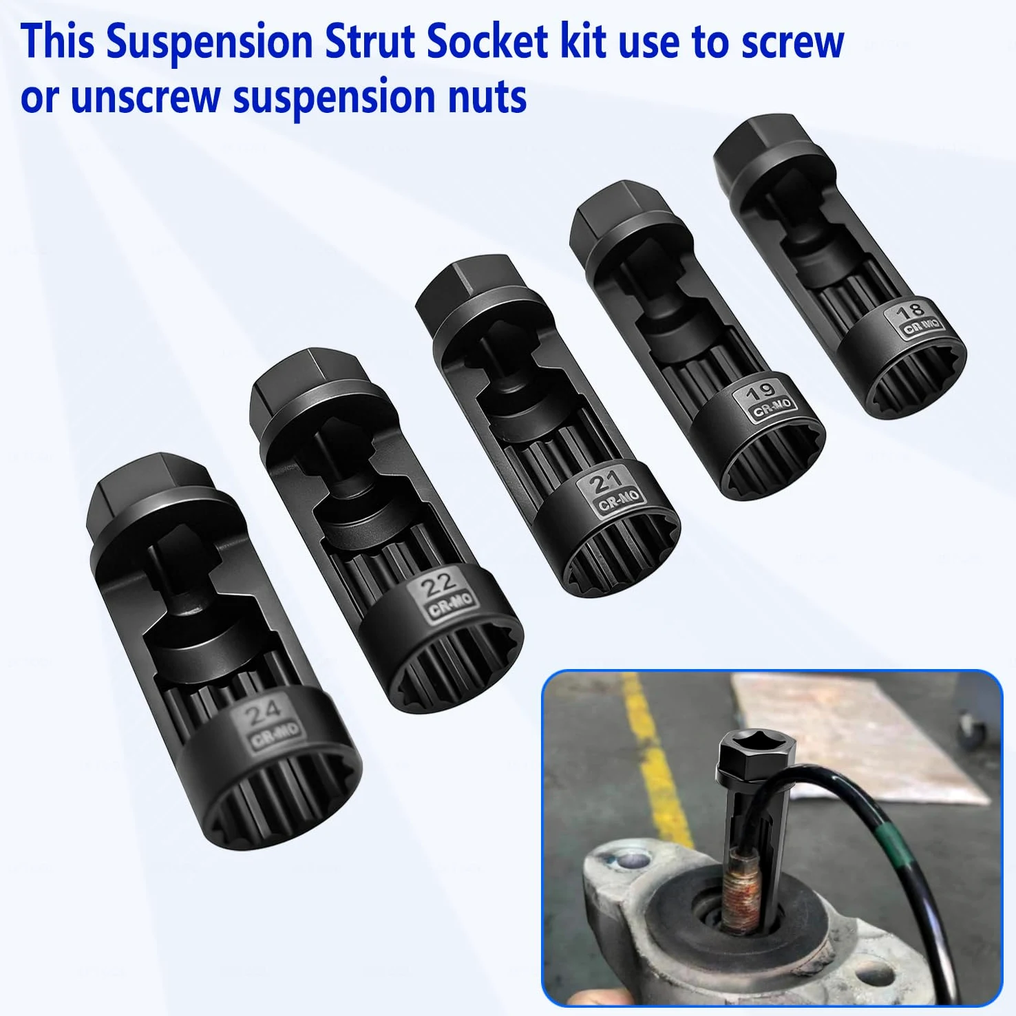 ZKTOOL 5 Piezas Juego de Tuercas de Puntal de Suspensión, 18MM 19MM 21MM 22MM 24MM, Juego de Tuercas de Enchufe de Suspensión, Herramienta de Extracción de Tuerca de Pistón de Amortiguador
