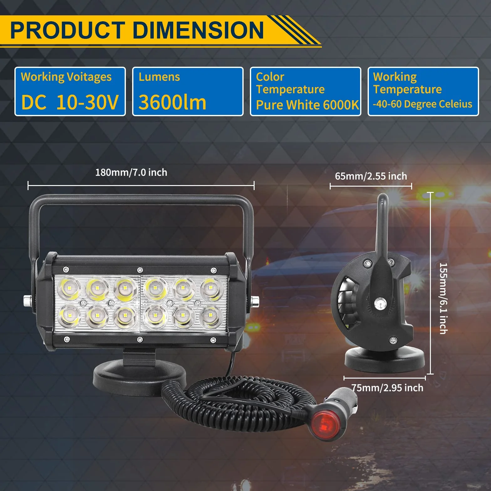 AUXTINGS 7 pulgadas 36W portátil LED punto de pieza haz offroad faro encendedor de cigarrillos interruptor con soporte de base magnético para coche, SUV, remolque, tractor, camión,12V 24V,6000K