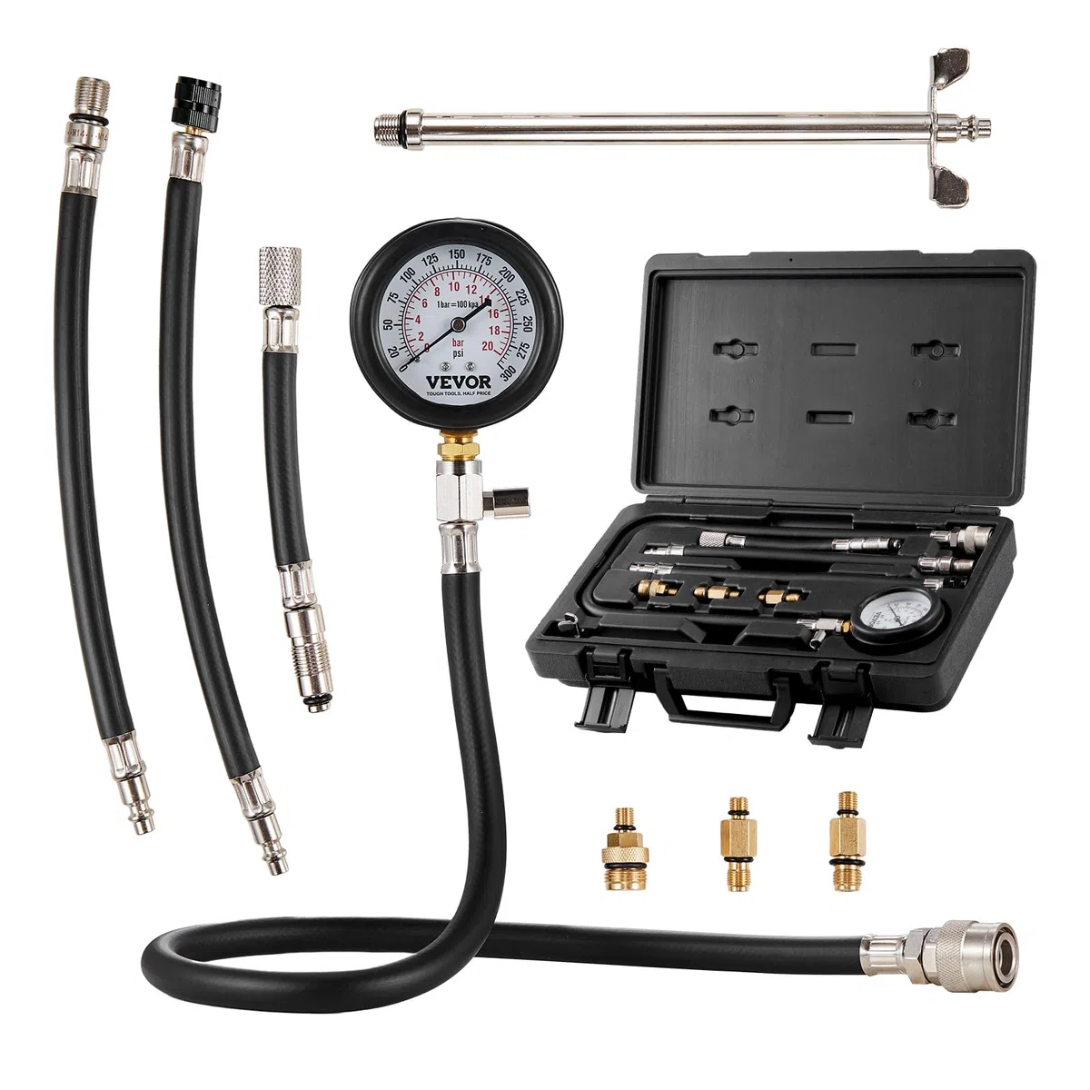 VEVOR Comprobador de Compresión con 9 Kits de Adaptadores Compresiómetro para Motor de Gasolina Medidor de Compresión 0-300 psi Herramienta de Diagnóstico del Cilindro del Motor para Coche Motocicleta