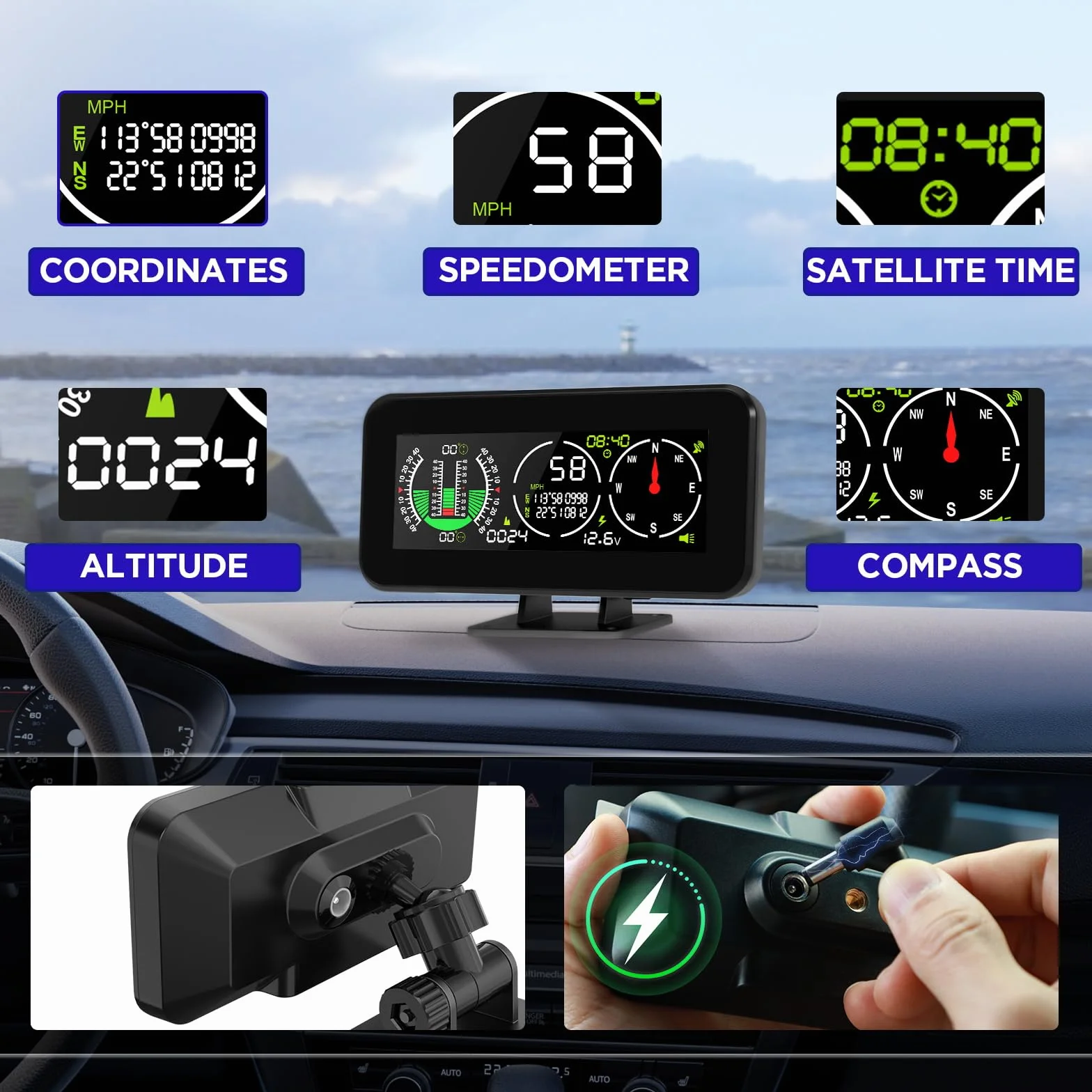 MR CARTOOL M60 Inclinómetro Digital Coche GPS Clinómetro Medidor Velocida Ángulo Inclinació Pantalla HUD Cuentakilómetros con Alarma de Exceso de Velocidad para Vehículos SUV Todoterreno DC10-30V