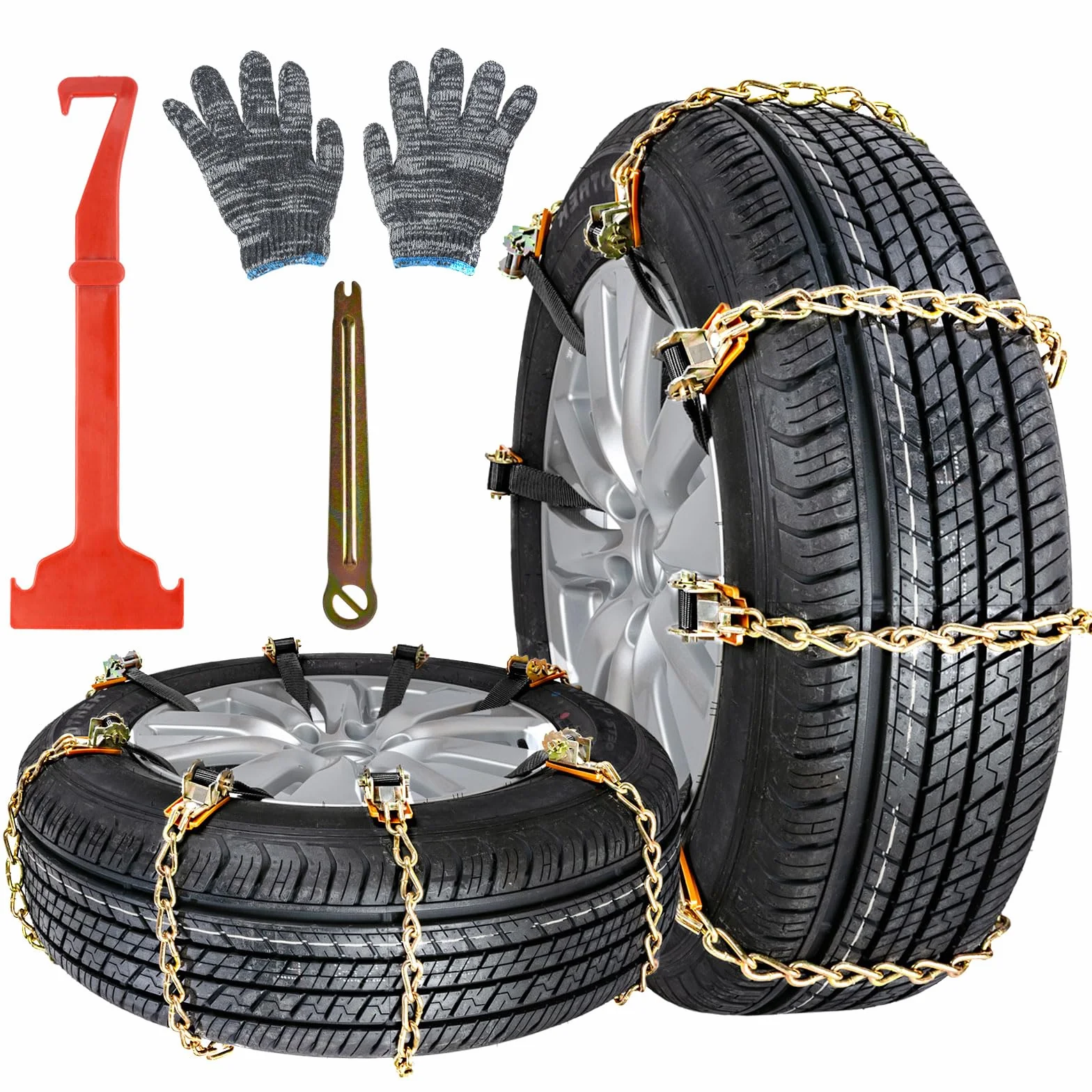 Ninonly Cadenas de Nieve Universales 8 Pcs Cadenas Nieve Universales Coche Nieve para Llantas para Cualquier Ancho de Llantas de 165-265 mm (Amarillo) (Apriete la hebilla)