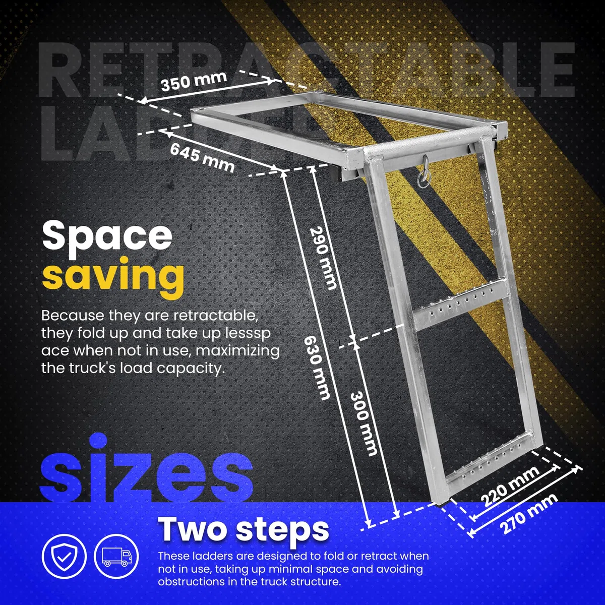 DOJA Barcelona | Escalera Camion | Pack 1 | Escalera 2 Peldaños | 645x350mm | Acabado Cincado | Escalera Escamoteable | para Camion, Caravana, Camper Furgoneta Accesorios, Escalera Plegable Remolque