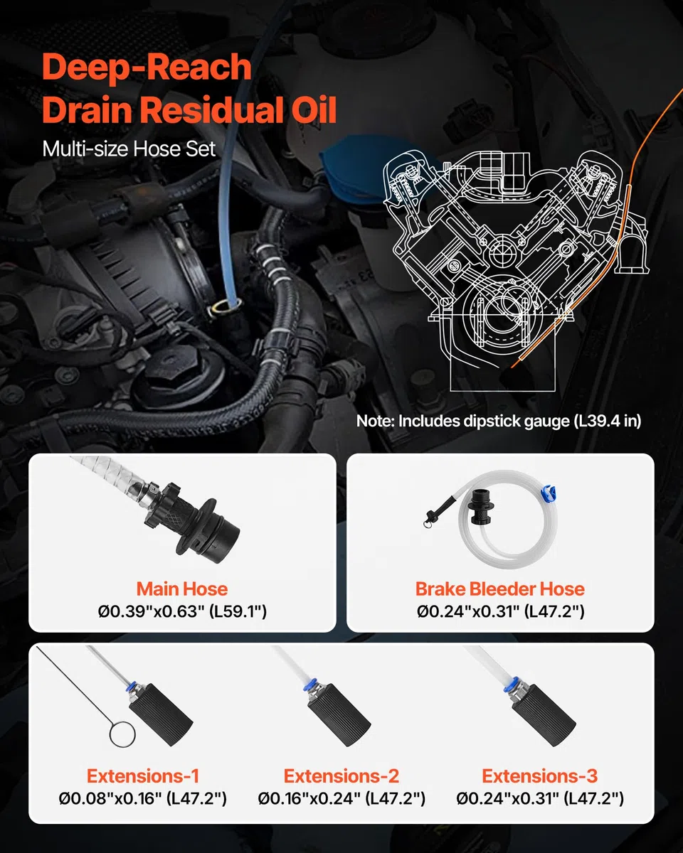 VEVOR Bomba de Líquido de Transmisión Manual Capacidad 9,5 L, Extractor de Aceite de Mano para Máquinas, con Manguera 150 cm Tubos de Extensión Adaptadores, Cambio de Aceite para Coches Barcos Motos