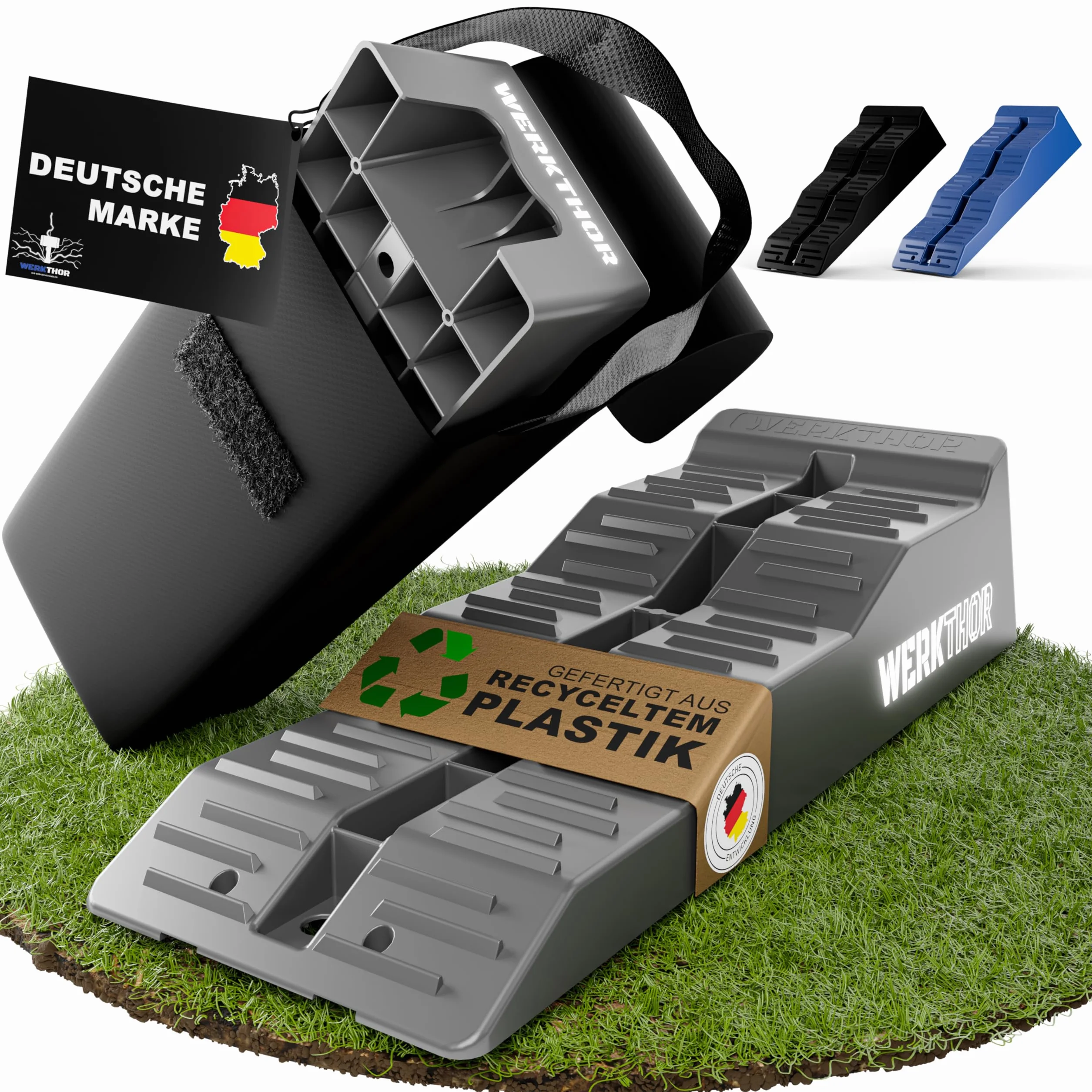 Cuñas para autocaravanas WERKTHOR (grises) - [Juego de 2] Cuñas estables para caravanas y autocaravanas | Cuñas para una nivelación segura [<5t] - Para cualquier superficie - Bolsa incluida