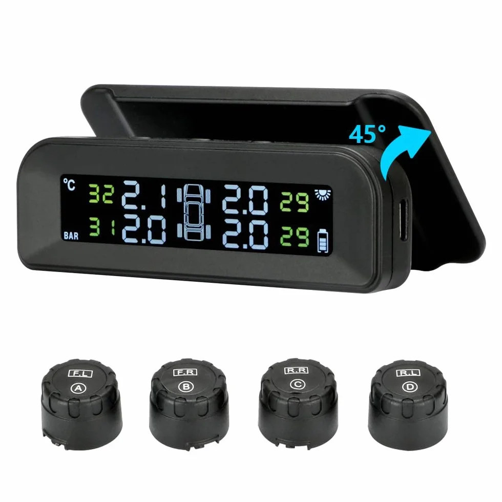 Jansite TPMS Sistema de monitoreo de presión de neumáticos solar 22-87Psi montaje en parabrisas con 4 sensores externos para coche en tiempo real sistema de alarma automática inalámbrica