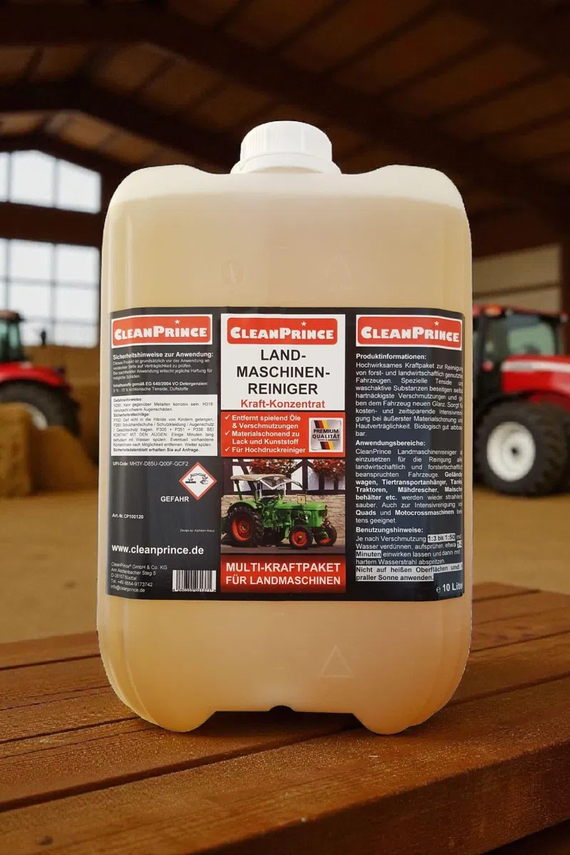 Landmaschinen-Reiniger Limpiadores de Maquinaria Agrícolas 10 Litro Bidón cleanprince para Flota Tractores Quads Camión Tier-Viehtransport Colgante Ganadería Vehículos Forestales Alta Presión Idóneo