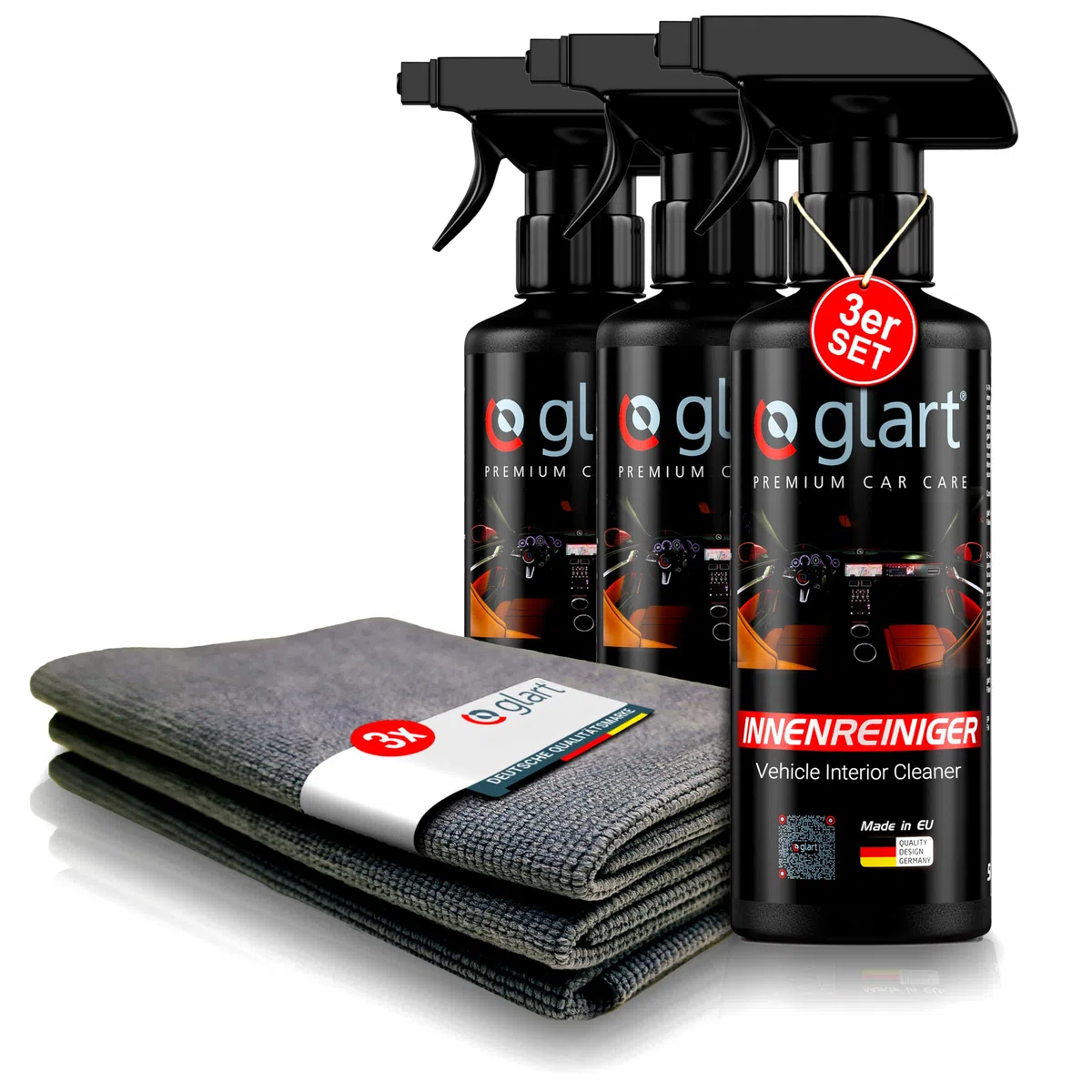 Glart 3x limpiador interior de coche 500 ml + 3 paños de microfibra para el habitáculo del coche, tapicería, cuero, limpiador interior, cuidado del coche