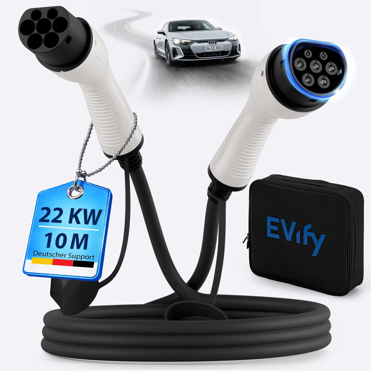 Cable de carga tipo 2, 22 kW, 10 m, 32 A, para coche eléctrico e híbrido, incluye bolsa de cables, cable de 3 fases para EV PHEV • Adecuado para todos los coches E modelo 3 S X Y, ID3, ID4, ID5