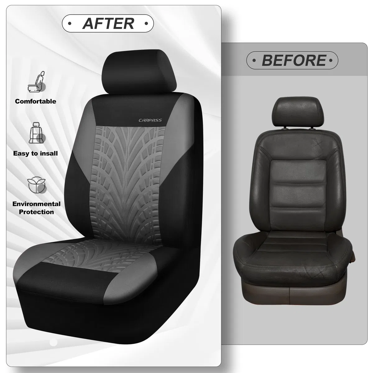 CAR PASS Fundas de Asiento de Coche, Asiento Delantero y Trasero Dividido para automóvil, Fundas Interiores con impresión de neumáticos en 3D, compatibles con Bolsa de Aire, configuración rápida