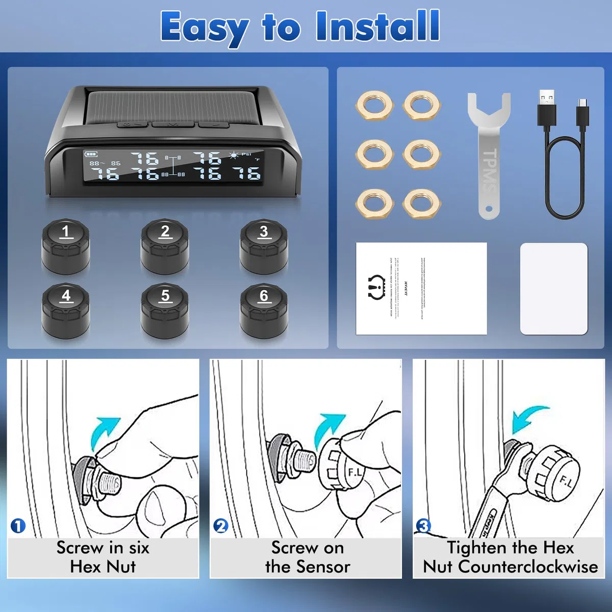 TPMS - Sistema de monitorización de la presión de los neumáticos con carga solar y USB con 6 sensores de presión de neumáticos, 5 modos de alarma, apto para coche, camión, caravana de 0 a 9,9