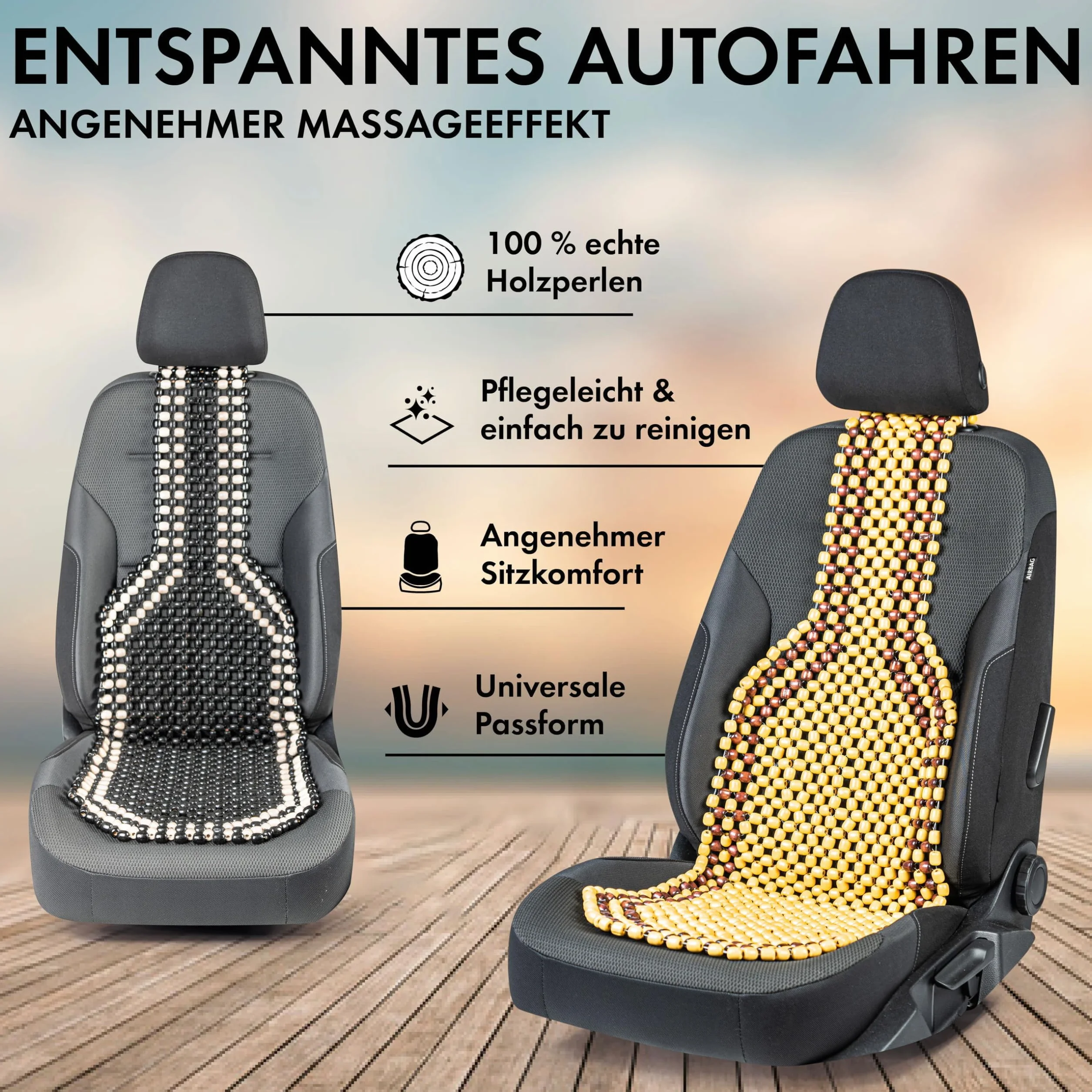 WALSER CarComfort funda de asiento de cuentas de madera, funda de asiento de cuentas de madera, alfombra de asiento universal blanco/negro 13551