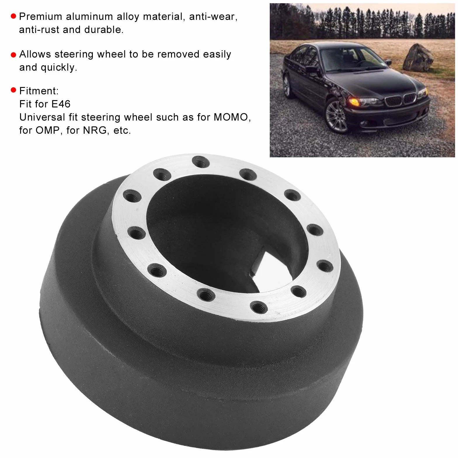 Kit de adaptador de cubo de volante, kit de adaptador de cubo de liberación rápida de volante de aluminio negro, accesorio de reacondicionamiento de coche de repuesto apto para