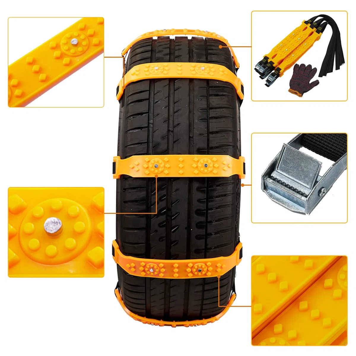 DEDC 10pcs Cadenas de Nieve para Coche, 185 mm - 225 mm, Antideslizantes, Universal Banda de TPU para Neumáticos, Cadena de Emergencia de Invierno con 2 Guantes para Coche, Camión, SUV