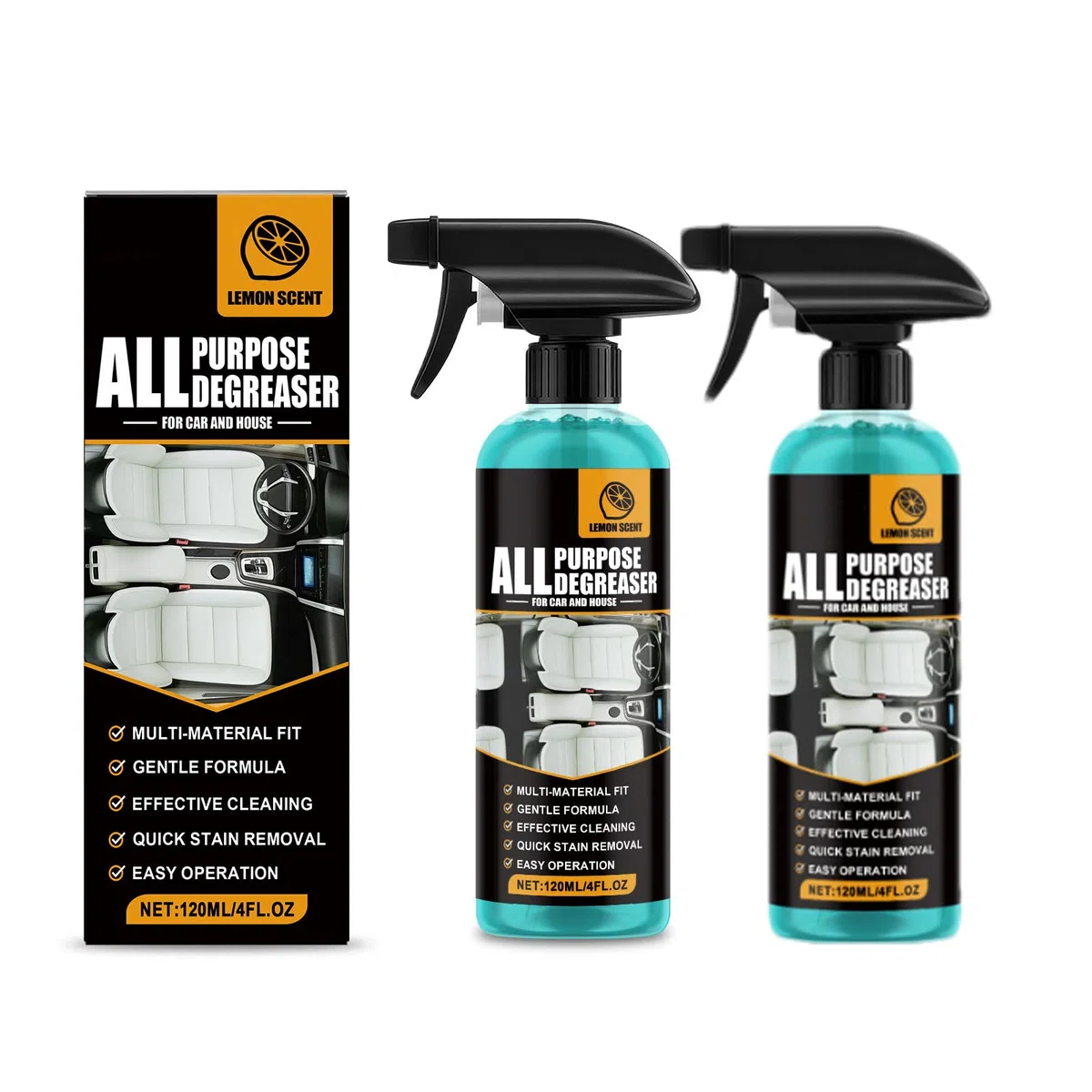 All Purpose Degreaser-All Purpose Cleaner for Car and House Lemon Scent Heavy-Duty Cleaning Spray Quick Stain Removal (2pcs)