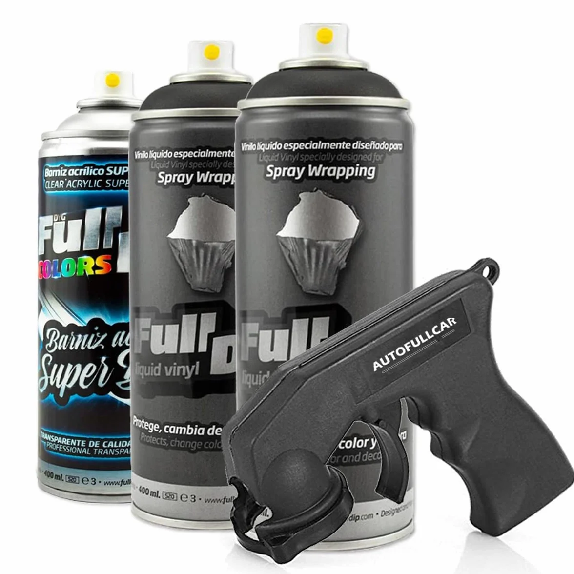 AutoFullCar - Pack 3 Sprays Full Dip Negro Brillo - 2 Sprays Negro + 1 Barniz Acabado Brillo De Acabado Resistente - 400 Ml. Unidad - wrapp