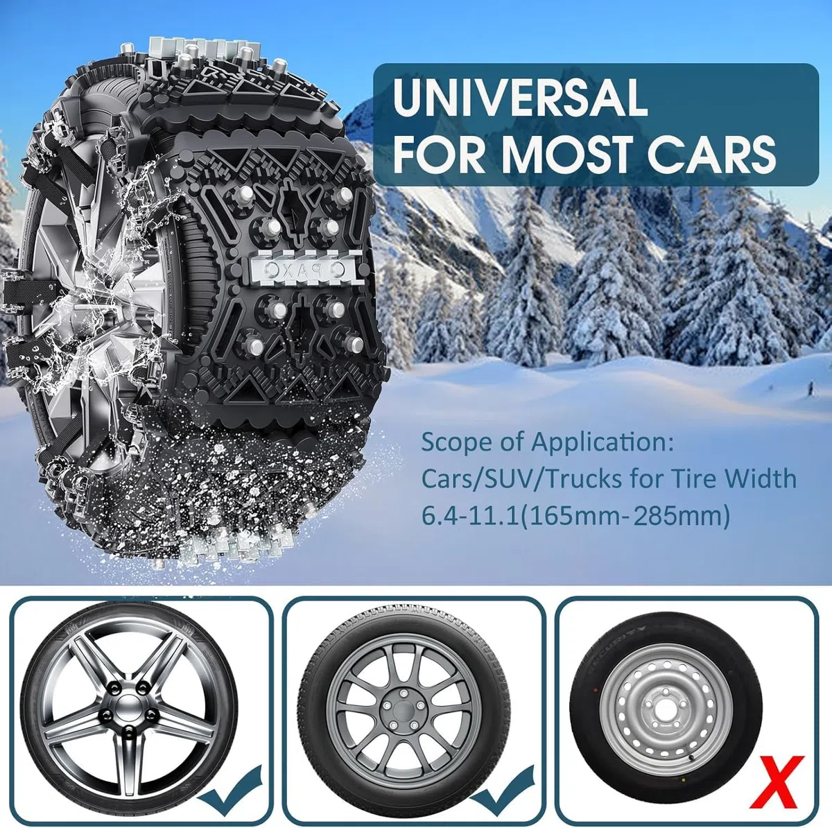 Cadenas Coche Nieve, 6 Piezas Cadenas Nieve Coche Universales Adecuadas para Neumáticos de 165-285mm de Ancho, Ajustables Antideslizante Cadenas Nieve Aptas para Coches,SUV y ATV