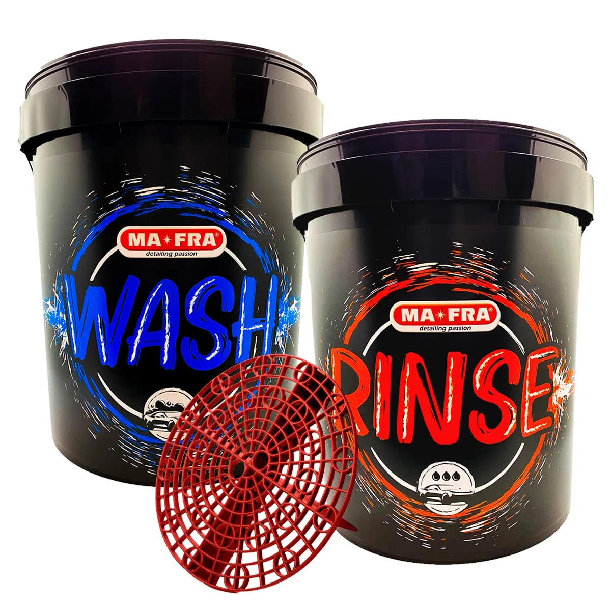 Ma-Fra, 2 cubos y rejilla de lavado de coche con 2 cubos de venta al por menor que incluye un cubo de lavado Rinse Plus Grif Safe para un lavado de coche sin arañazos