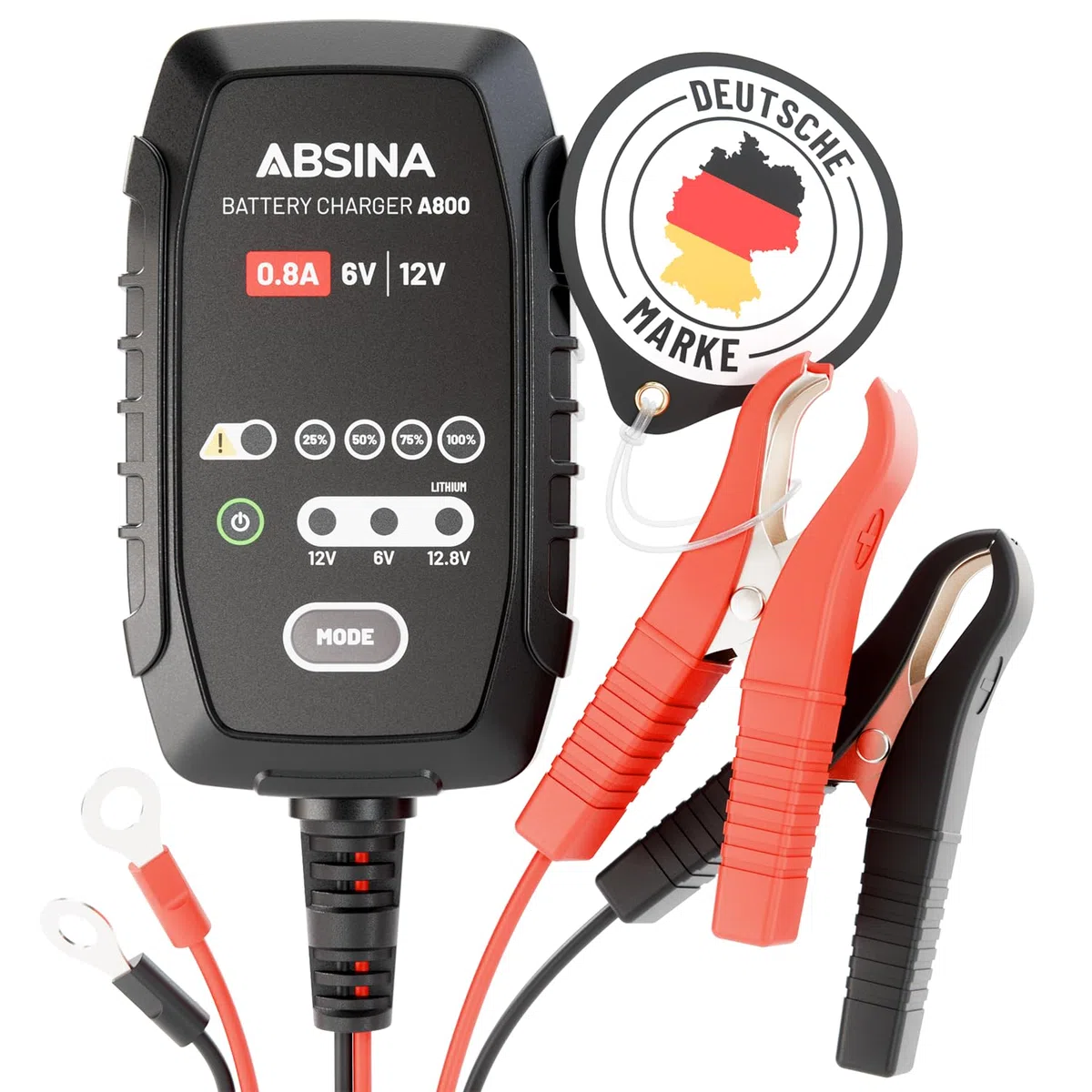 ABSINA Cargador Baterias Coche para Motocicleta Totalmente Automático - Cargador AGM 6V & 12V para Baterías de Plomo hasta 26Ah / 12,8V Litio hasta 15Ah - Cargador Bateria Moto con 800mA