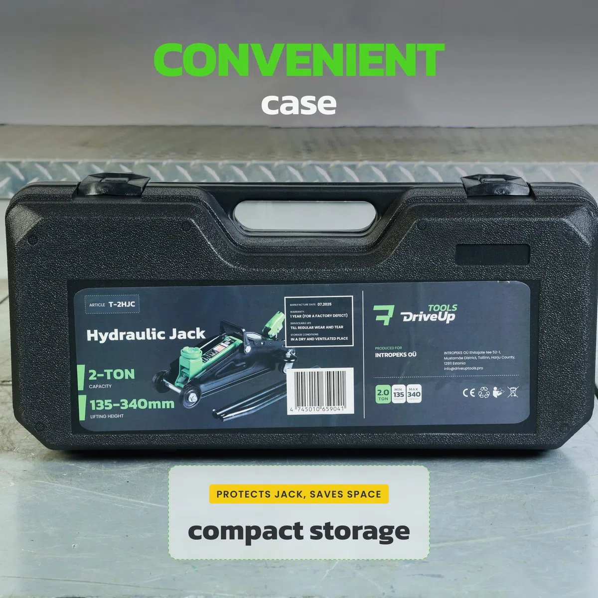 Cric hidráulico de 2 toneladas DRIVEUPTOOLS con maleta de transporte – Altura de elevación 13,5–34 cm – Compacto y robusto para coches y SUV – Herramienta confiable de 2000 kg para garaje y taller