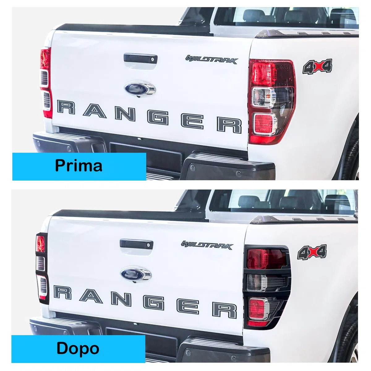 Embellecedores Luces Traseras Negro Mate para Ford Ranger 2012-2022 ABS | Acabado negro mate, plástico ABS duradero, instalación sin taladrar, sellado de huecos, evita óxido, paso de ITV