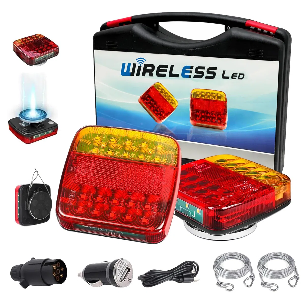 2 Pack Luces Traseras LED Magnéticas Inalámbricas para Remolque, Camión y Caravana – 12V, Recargables, Impermeables IP65, ECE Aprobado, Enchufe de 7 Pines