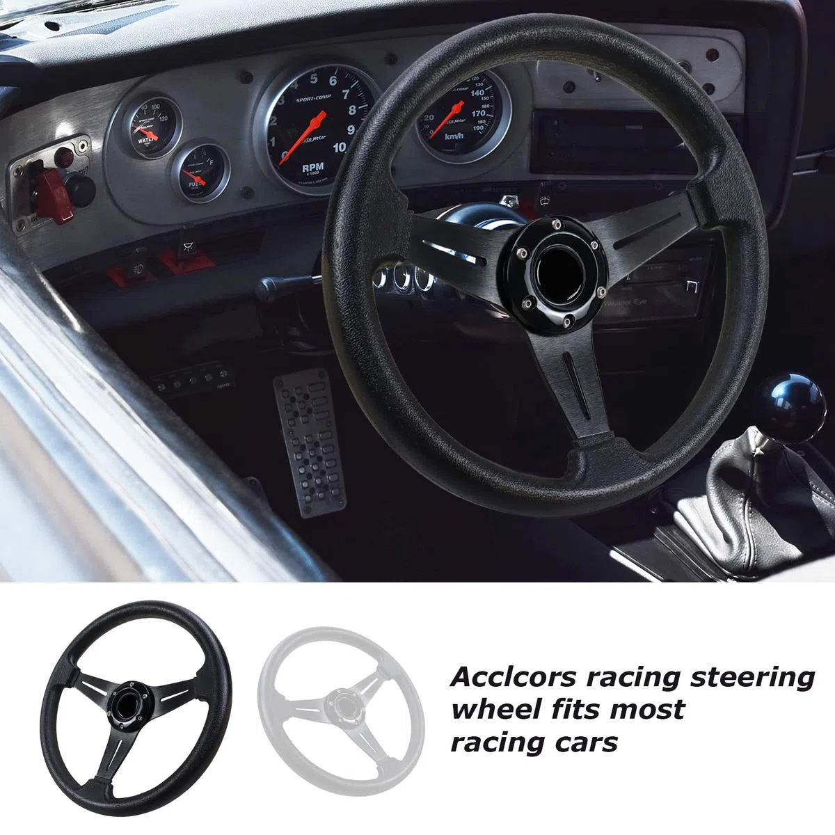 volante de carreras en general, el juego de volante 13,6 "6 Perno mango de cuero de vinilo, con botón de bocina, para Racing/rally/carreras/simulación de conducción (Black)