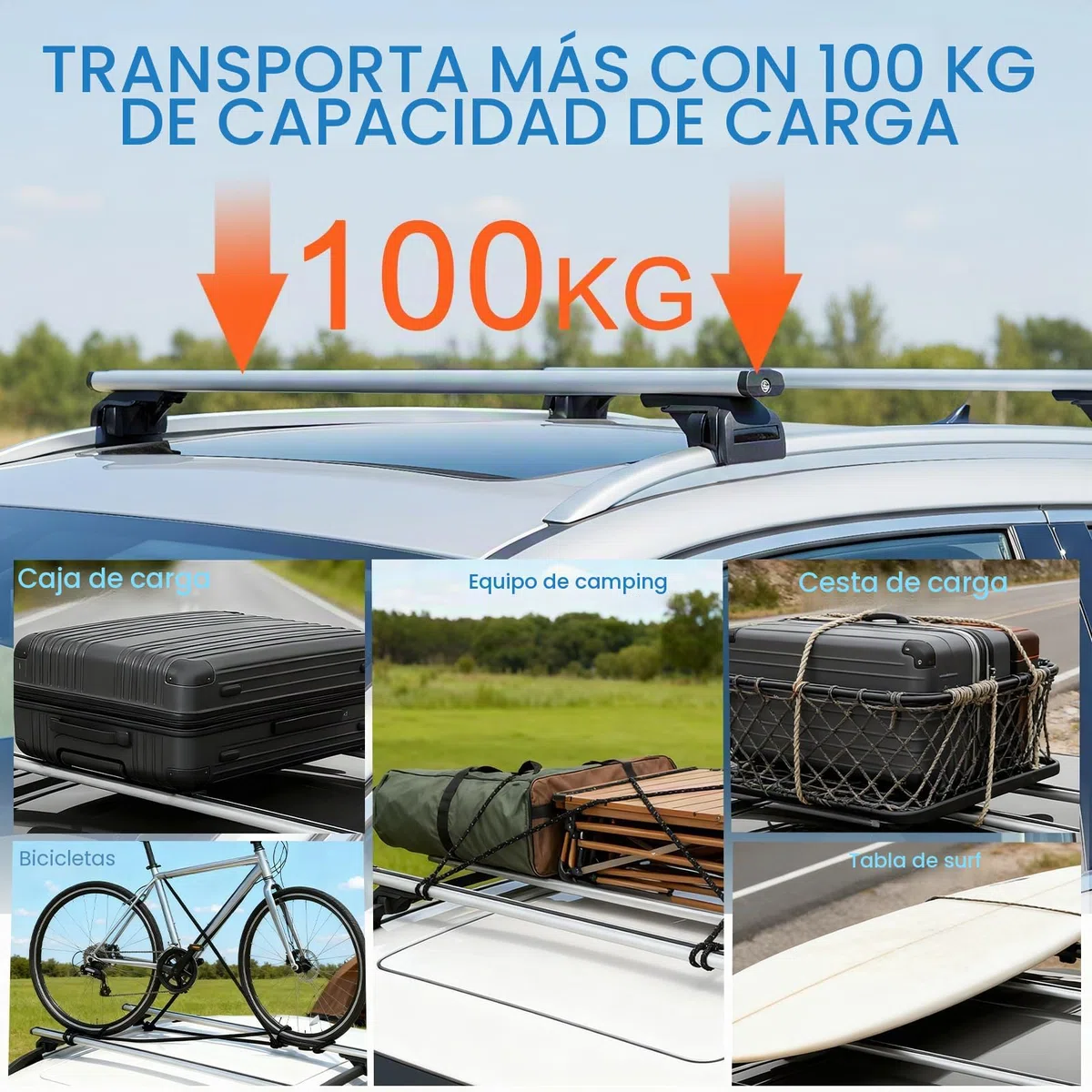 Barras de techo para coche, aluminio, distancia interior de la viga de techo 19-109 cm, apto para modelos con rieles de techo abiertos, soporta hasta 100 kg, adecuado para SUV y otros vehículos