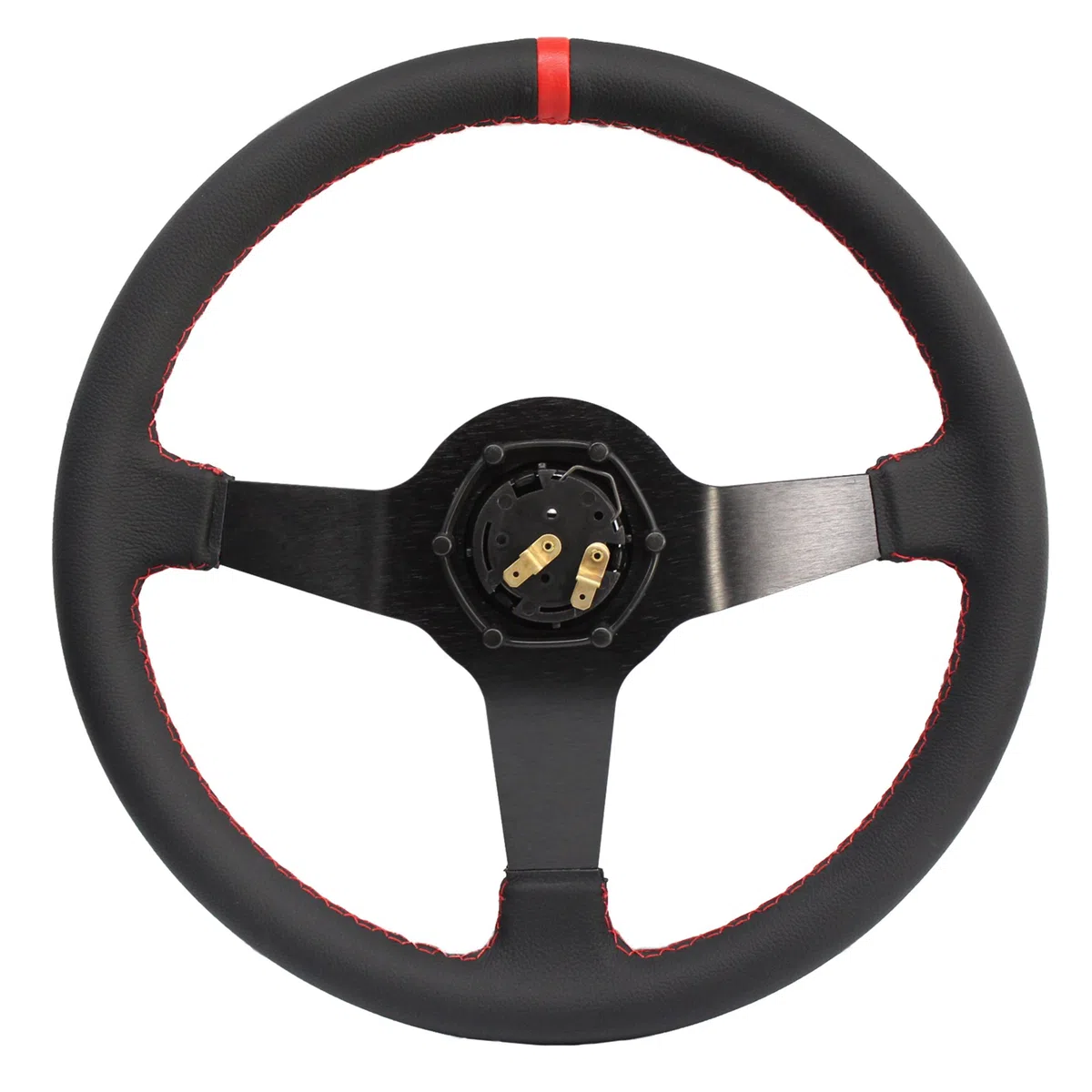 MODAUTO Volante Deportivo Universal, Semidesplazado, de Piel Sintética, Diámetro 350mm, Modelo G020, Color Negro y Costura Roja