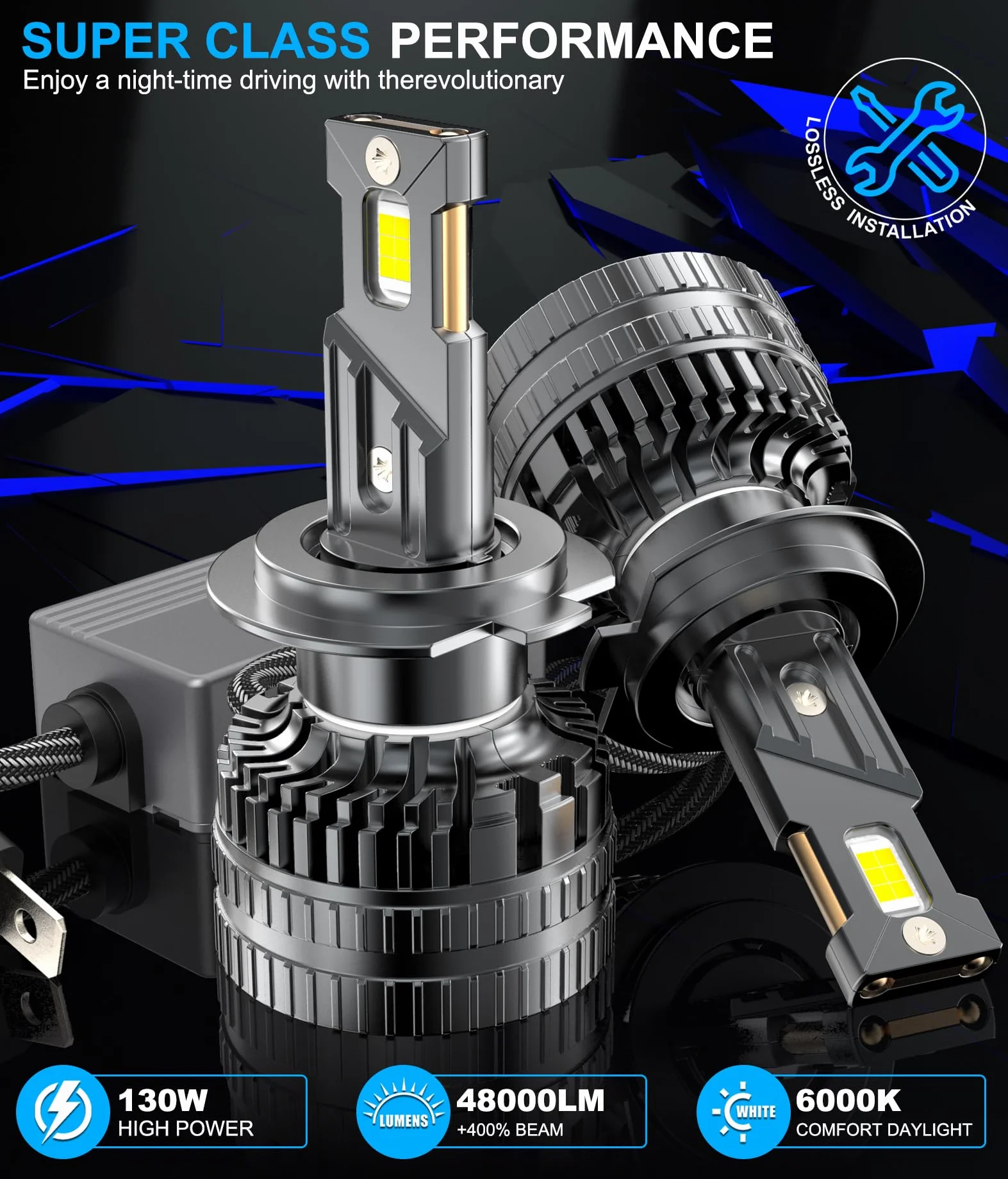 Bombillas LED H7, 130W 48000LM 6000K, Alta Luminosidad 600%, Kit Faros 12V Coche Moto, Disipación Eficiente, Instalación Plug and Play, 2 Unidades
