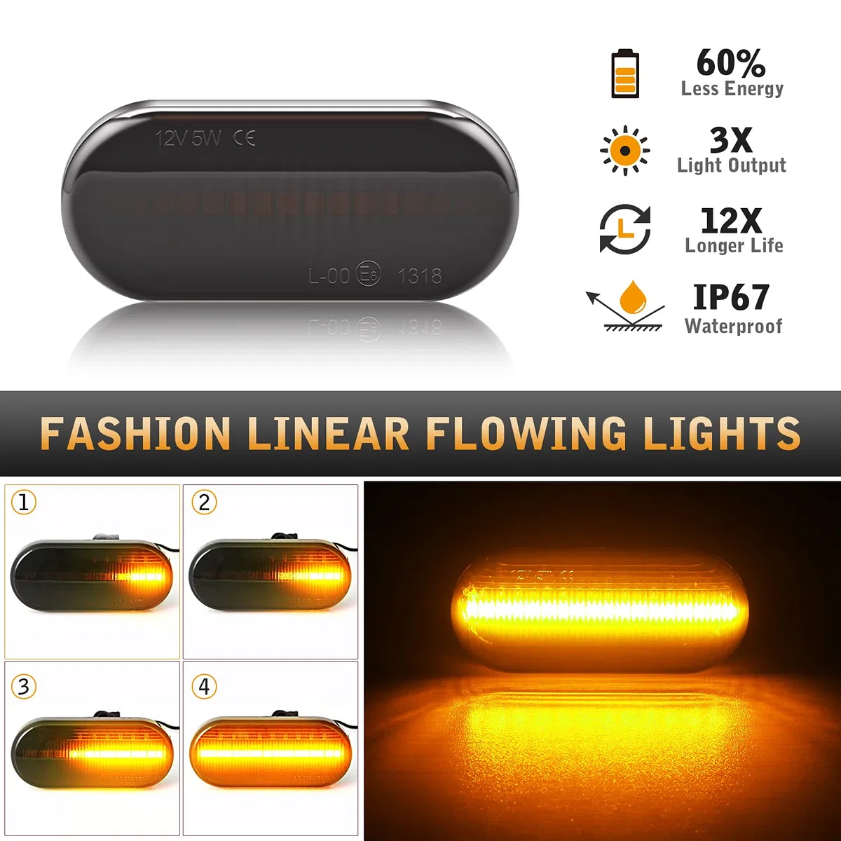 TECTICO LED Intermitentes Laterales Dinamicos Amarillo ámbar Coche Luz Intermitentes para Focus MK2 C-Max Fiesta Fusion T5 Golf3 Golf4 Passat Polo, 2 Piezas