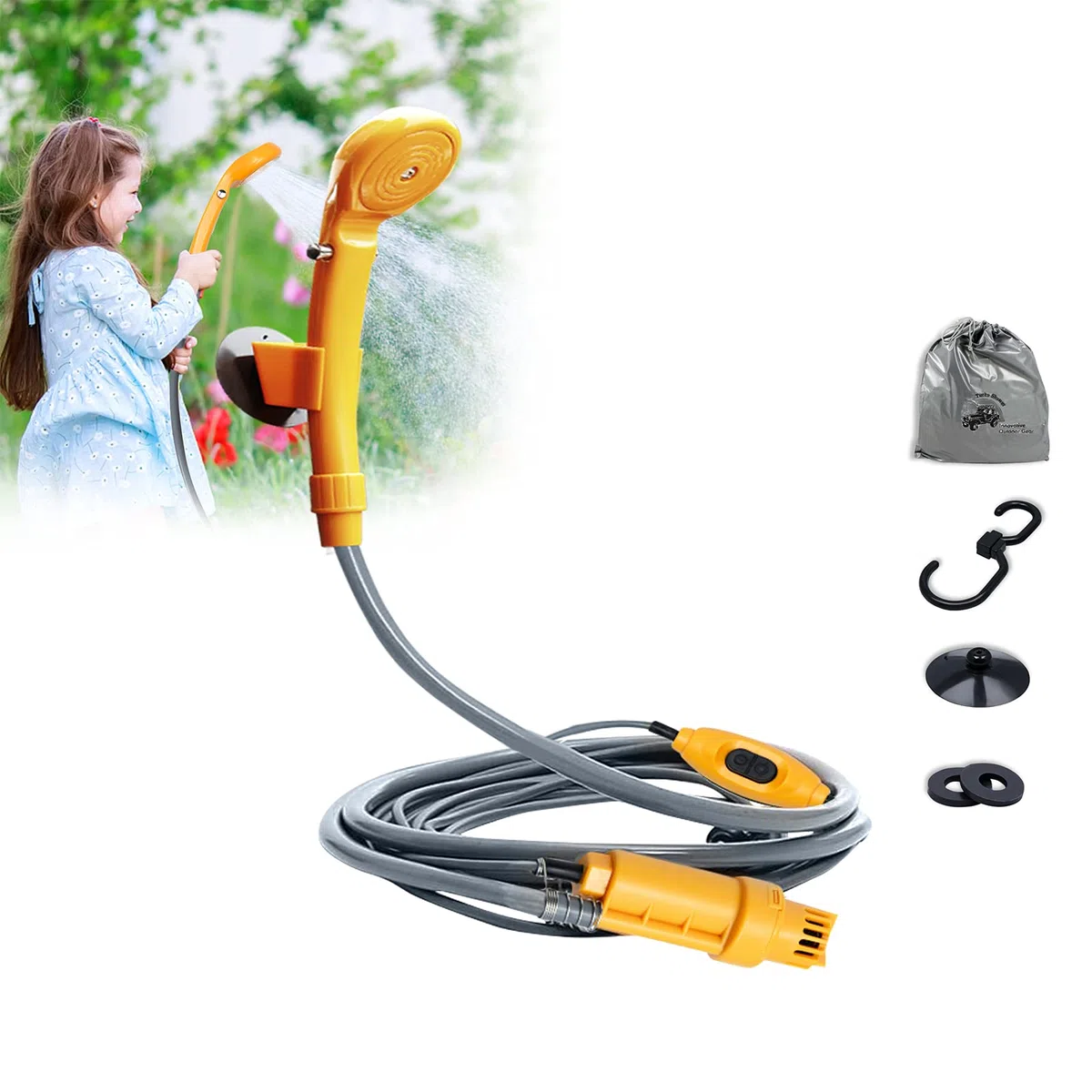 HENGMEI Ducha de camping con bomba sumergible de mano de 12 V, adaptador para coche, incluye gancho y ventosa, bolsa de almacenamiento para jardín, exterior, caravana, camping, viajes
