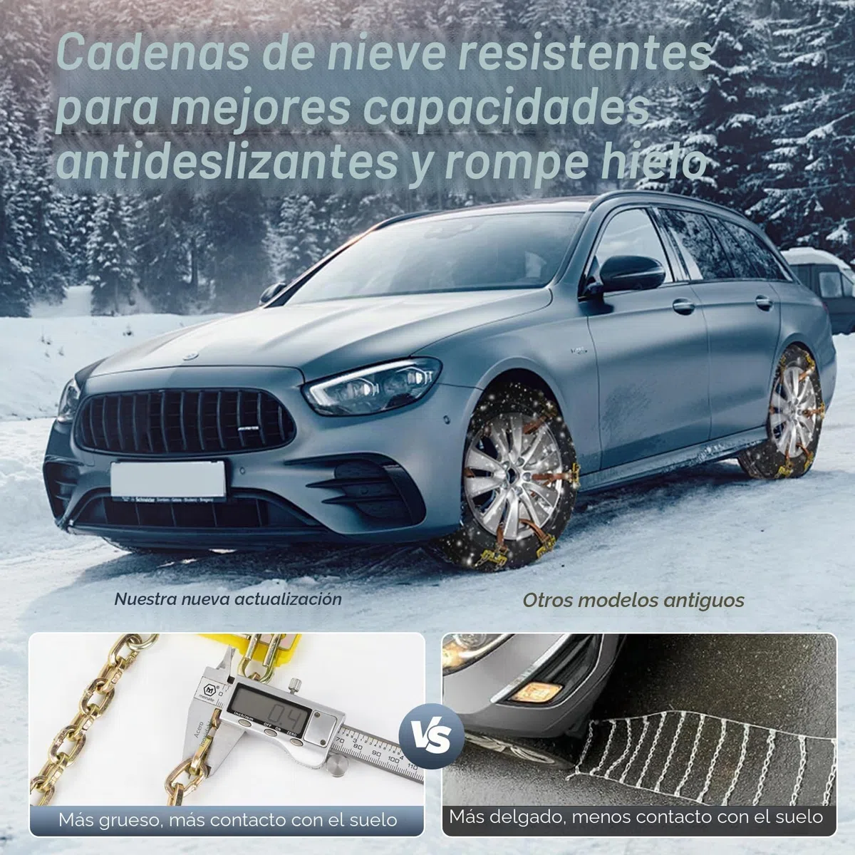 Cadenas para Nieve - Juego de 6 Ajustables y Resistentes Con Pala de Plástico y Guantes - Para Coches, Camiones, SUV - Ancho 165-265 mm