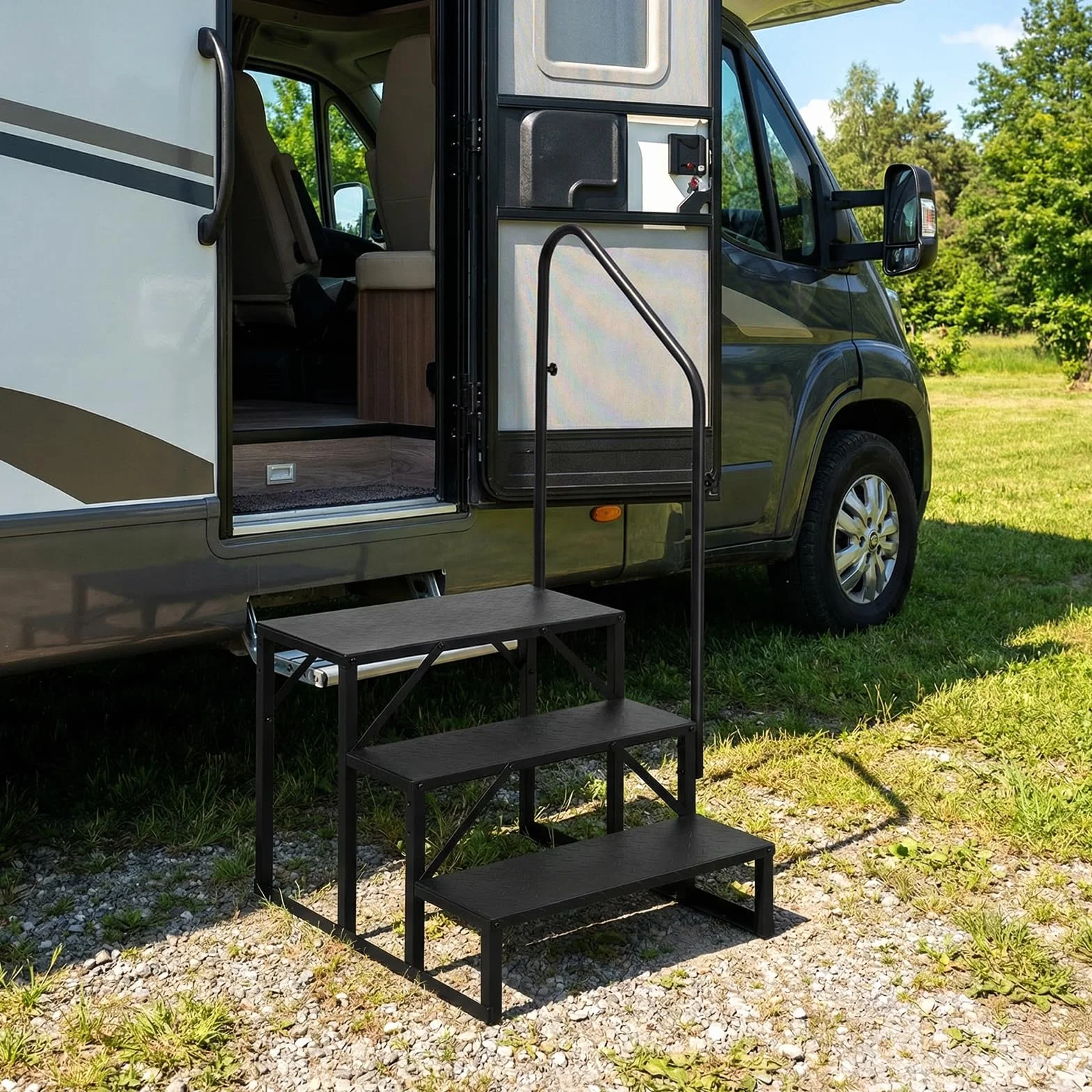 COSTWAY Escaleras de RV con Barandilla, Escalera de 3 Peldaños con Capacidad de Carga de 660 kg, Escalerilla con Panel Antideslizante, para Casa Móvil, Jacuzzi y Piscina SPA, 79 x 68 x 129 cm