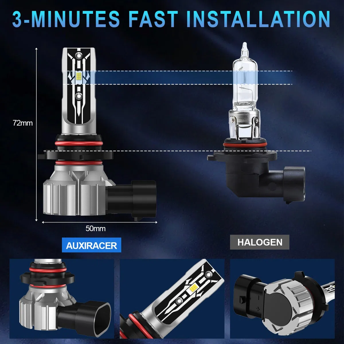 AUXIRACER Bombilla LED HB3, 80 W, 6500 K, 12 V, blanco frío, bombilla LED HB3 IP68, resistente al agua, bombilla HB3 coche, bombillas de recambio para bombillas halógenas y kits de xenón, 2 bombillas