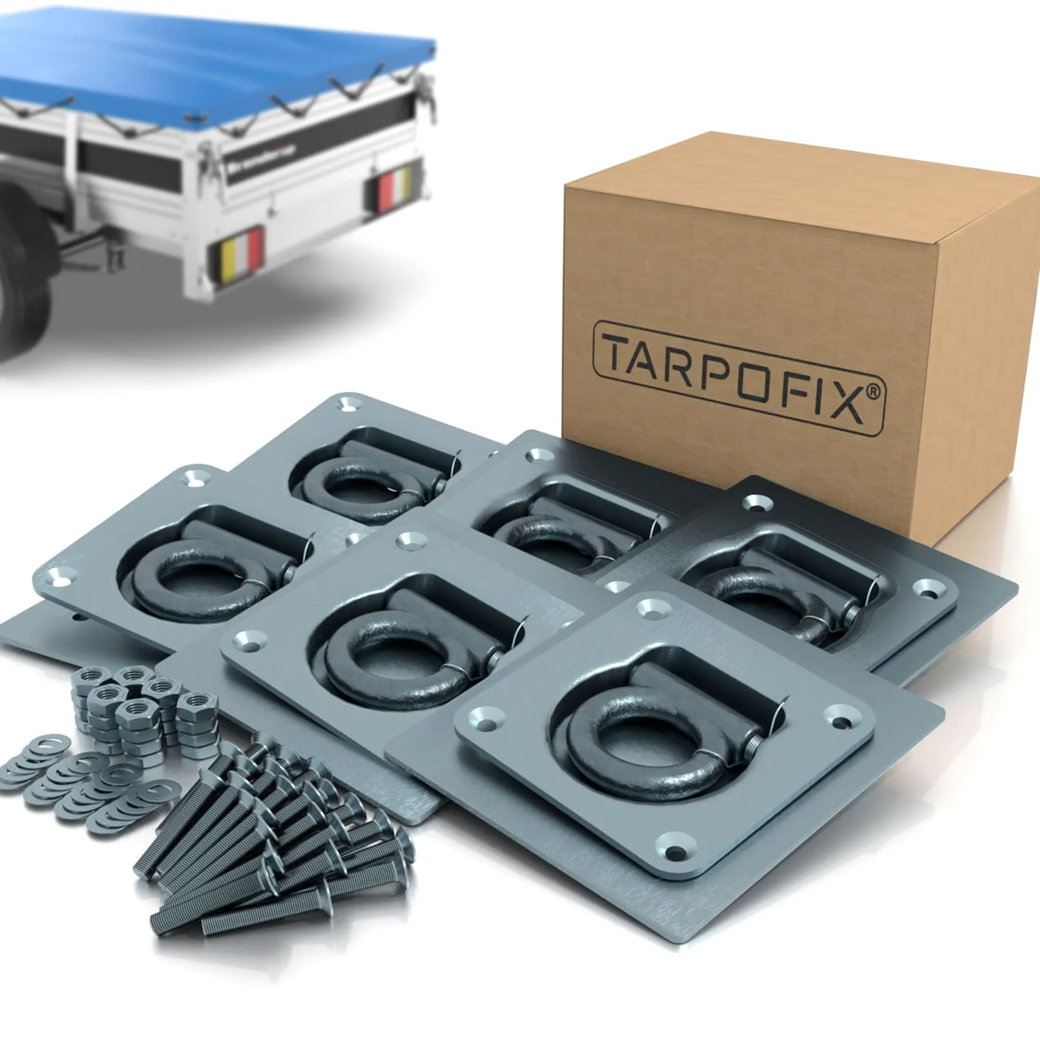 Tarpofix® Anillos de Amarre para Remolque con Contraplacas y Tornillos (6 Unidades) - Huecos Robustos con Fuerza de Tracción de 800 daN por Gancho - Rosas