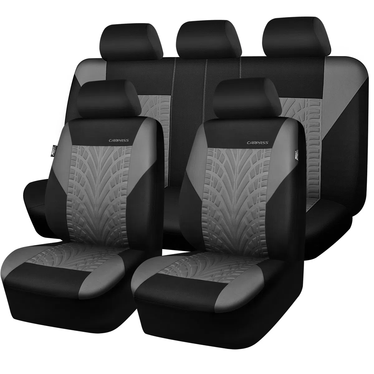 CAR PASS Fundas de Asiento de Coche, Asiento Delantero y Trasero Dividido para automóvil, Fundas Interiores con impresión de neumáticos en 3D, compatibles con Bolsa de Aire, configuración rápida