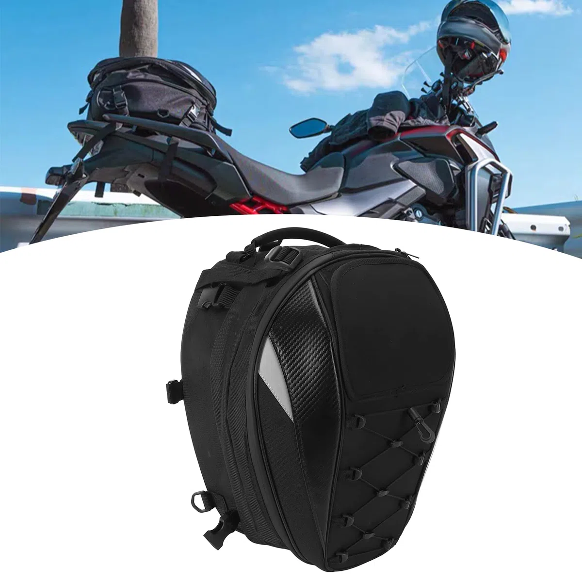 Bolsa de Asiento Trasero para Motocicleta, Mochila para Conductor de Gran Capacidad, Bolsa Trasera Universal Transpirable con múltiples Bolsillos, Estructura de Nailon Duradera