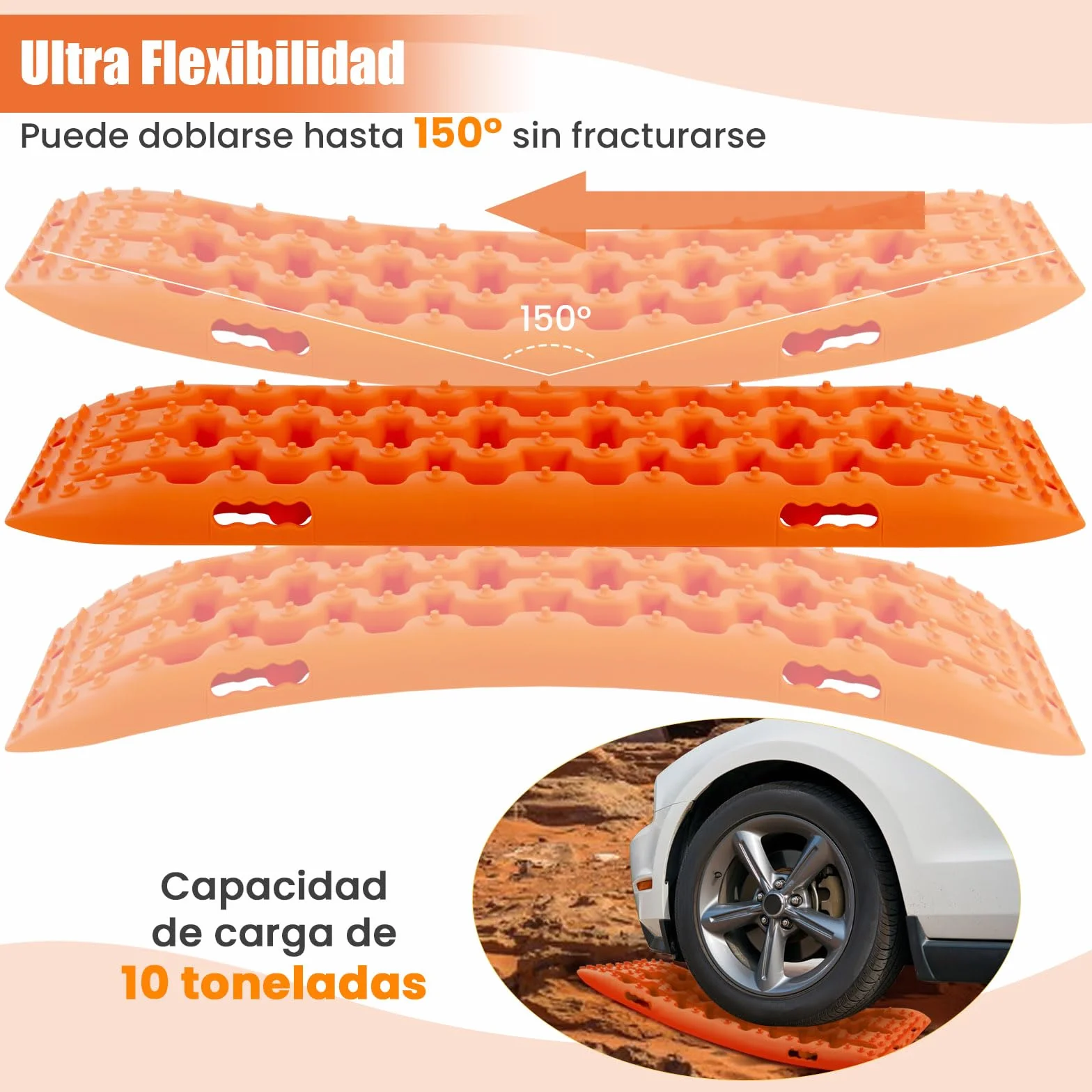 COSTWAY Tablas de Tracción Todoterreno, Alfombrillas de Tracción de 2 Piezas para Nieve, Extracción y Recuperación de Vehículos, para Llantas y Alfombrilla de Tracción (Naranja, 107 x 31 x 7 cm)