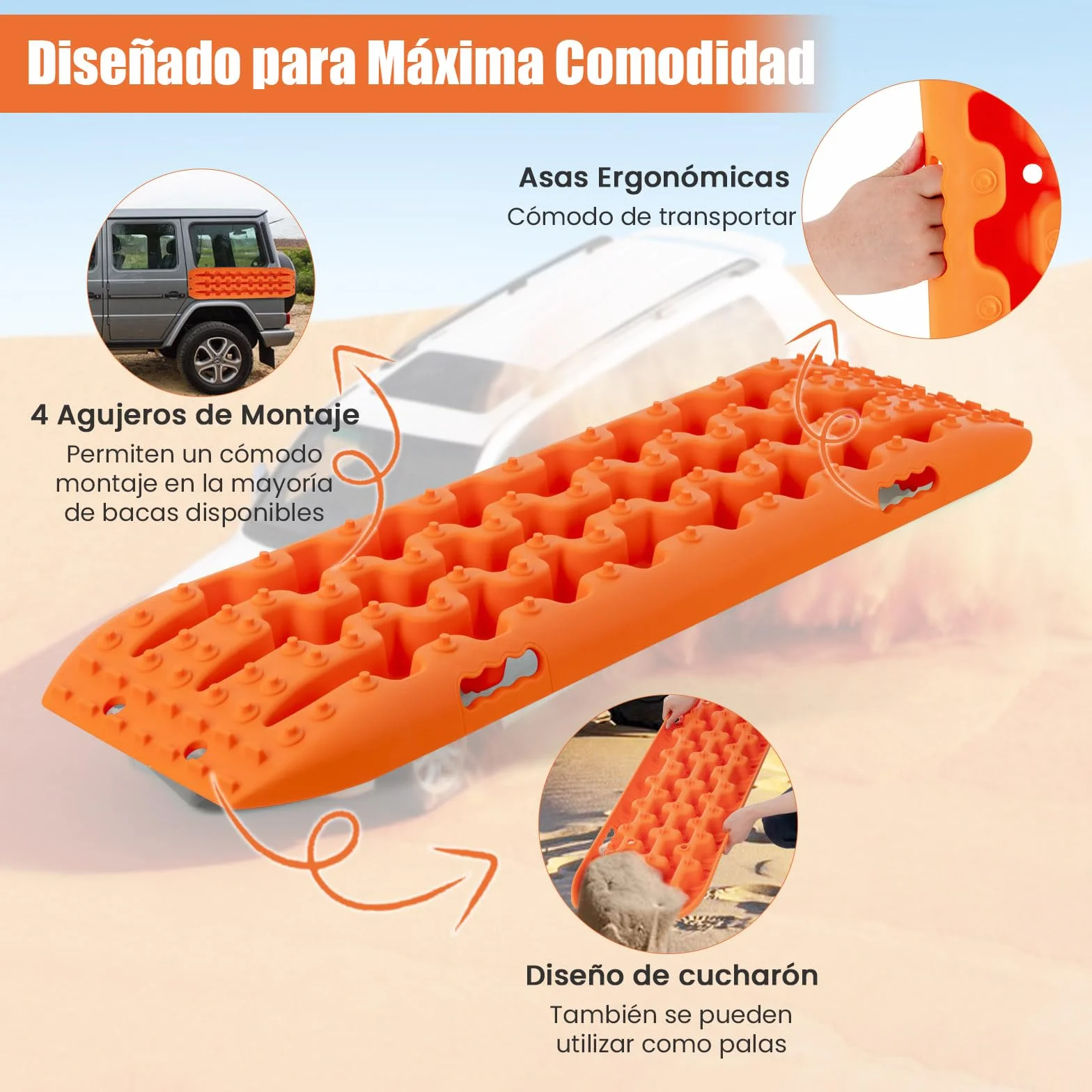 COSTWAY Tablas de Tracción Todoterreno, Alfombrillas de Tracción de 2 Piezas para Nieve, Extracción y Recuperación de Vehículos, para Llantas y Alfombrilla de Tracción (Naranja, 107 x 31 x 7 cm)