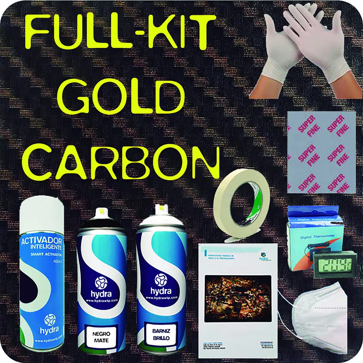 Kit Hidroimpresión Carbono Gold HFC-098 Activador Spray Hydro Dipping Hydrografia kit