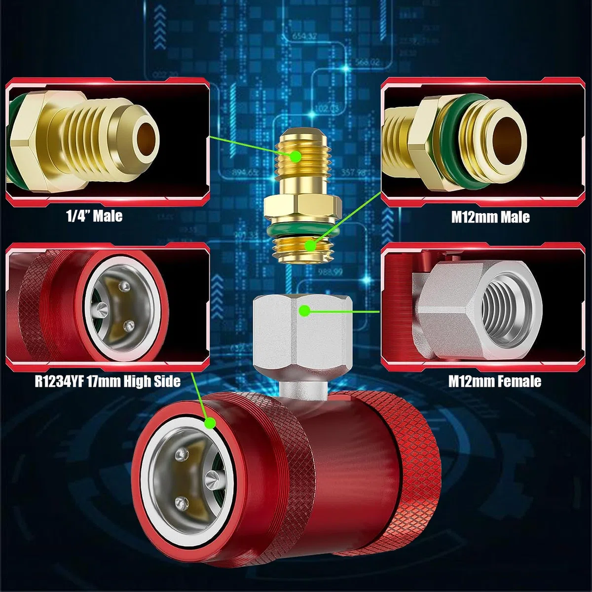 Adaptador De Acoplamiento Rápido R1234yf, Adaptador de Presión Alta/Baja Adaptador de Acoplamiento Rápido para R1234yf, Adaptador de Enchufe con Puerto Macho De 6,35 Mm, para Aire Acondicionado