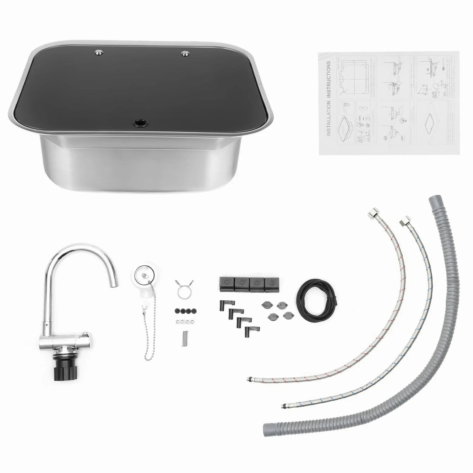 Lavabo de mano RV, 41 x 36,5 x 16 cm, de acero inoxidable, lavabo de un solo cuenco, RV, para camping, fregadero de caravana con grifo para cocinas pequeñas, bares, hoteles