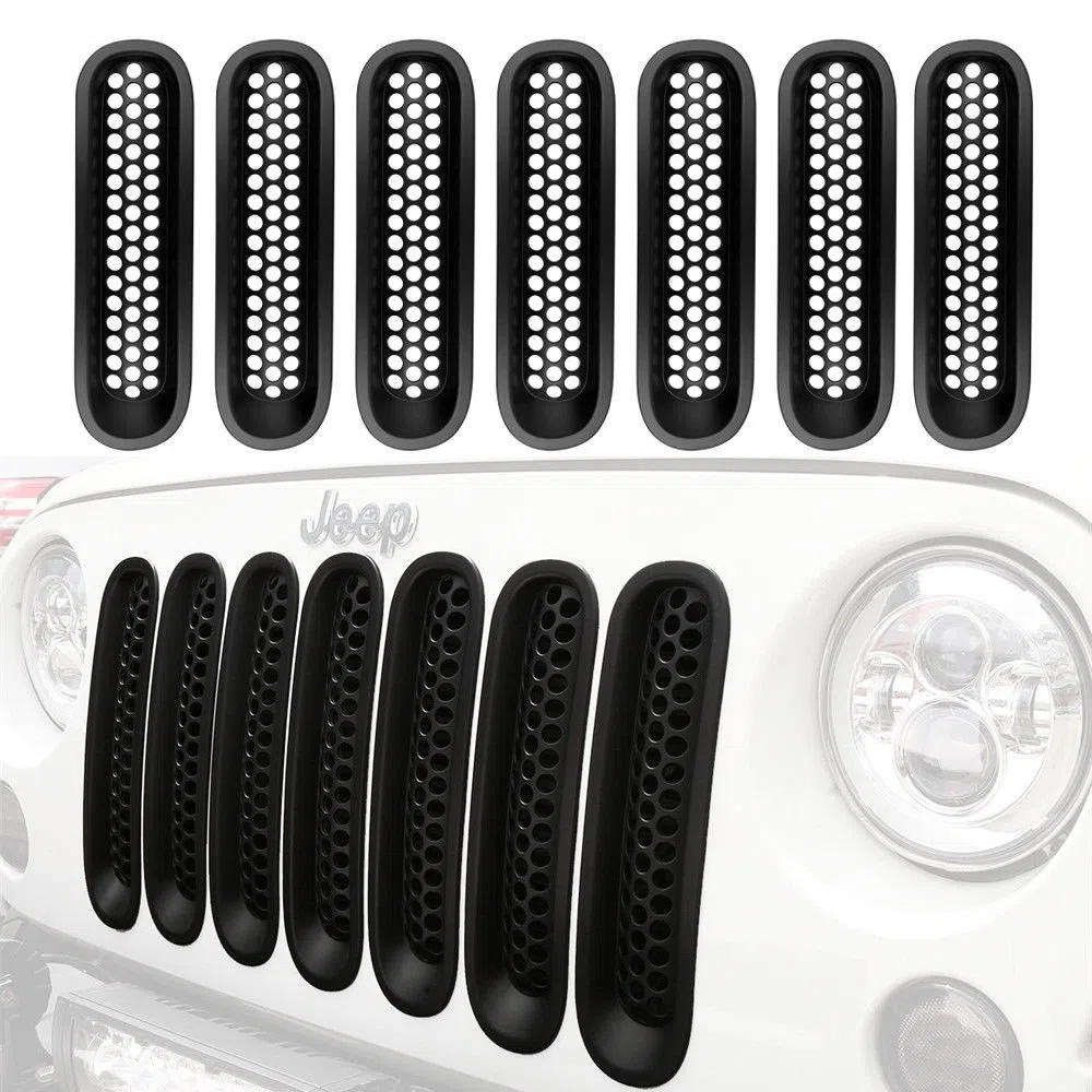 Insertos de rejilla frontal de malla negra mate para Wrangler JK 07-15 (paquete de 7)