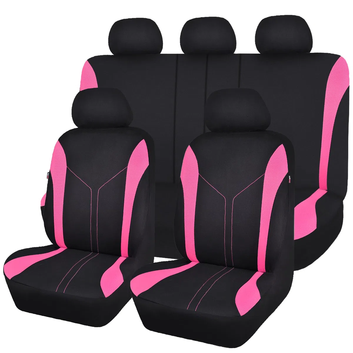 Flying Banner Juego de Fundas de Asiento de Coche de Ajuste Universal, Funda de poliéster de Empalme de Tela de Malla (Juego Completo, Negro con Rosa)